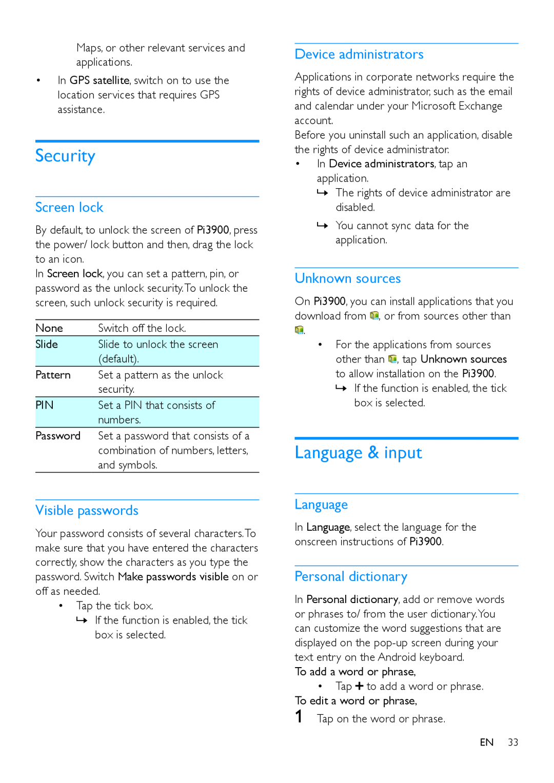 Philips PI3900 manual Security, Language & input, Screen lock, Visible passwords, Device administrators, Unknown sources 