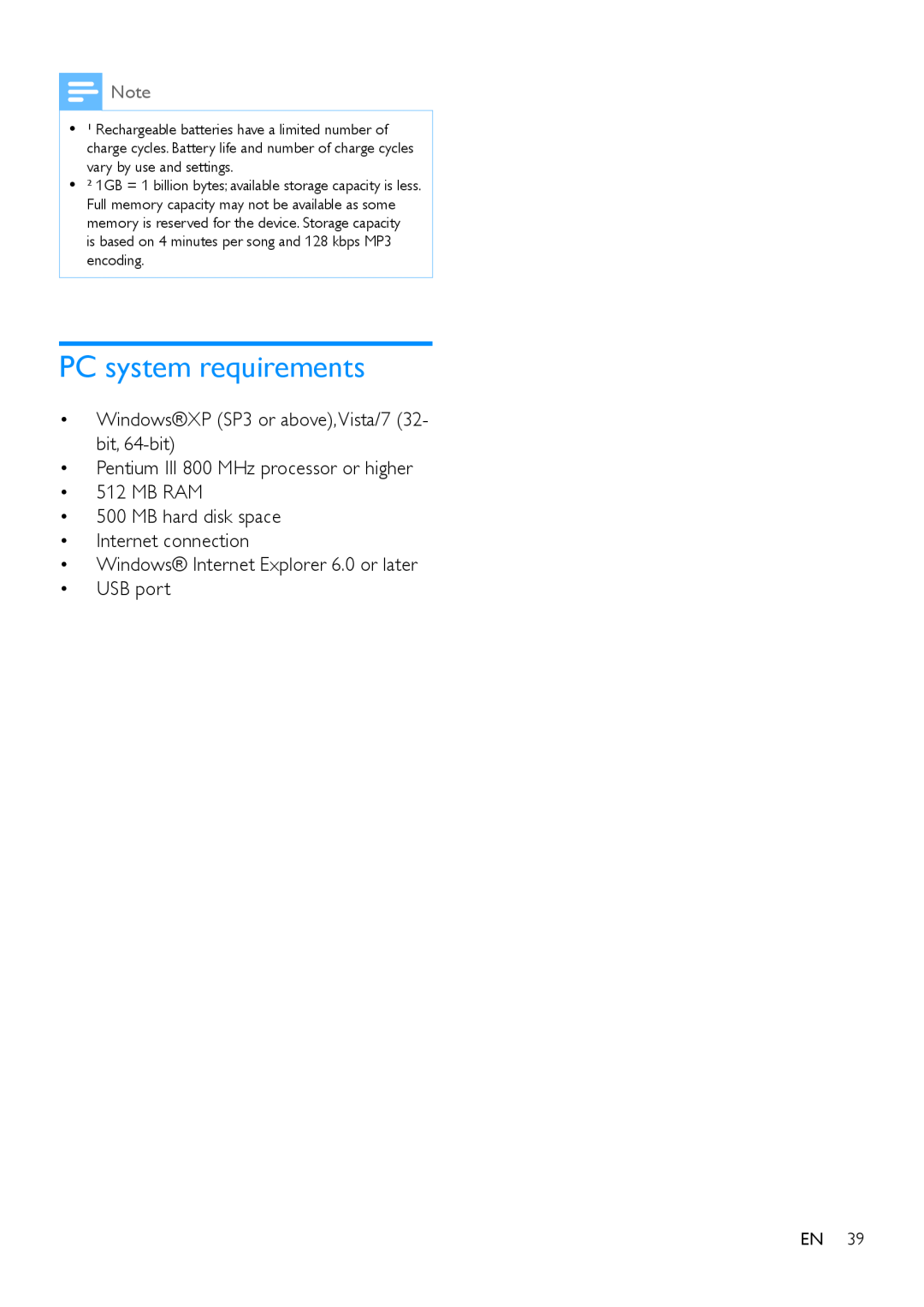 Philips PI3900 manual PC system requirements, ‡ WindowsXP SP3 or above,Vista/7 32- bit, 64-bit 