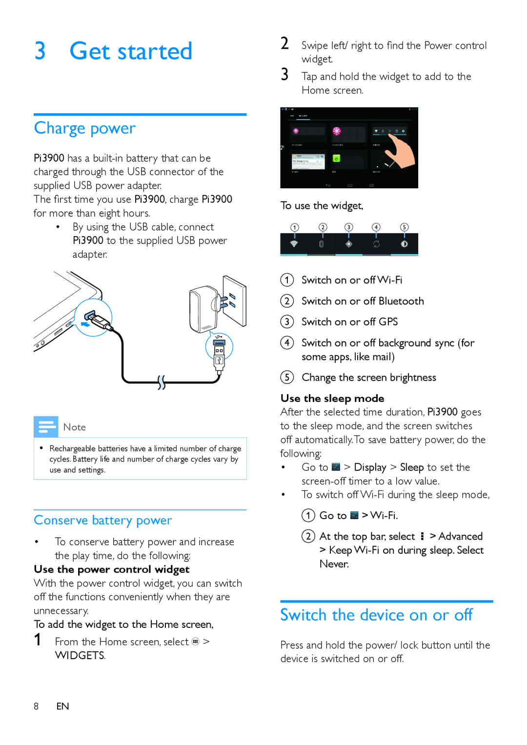 Philips PI3900 manual Get started, Charge power, Switch the device on or off, Conserve battery power 