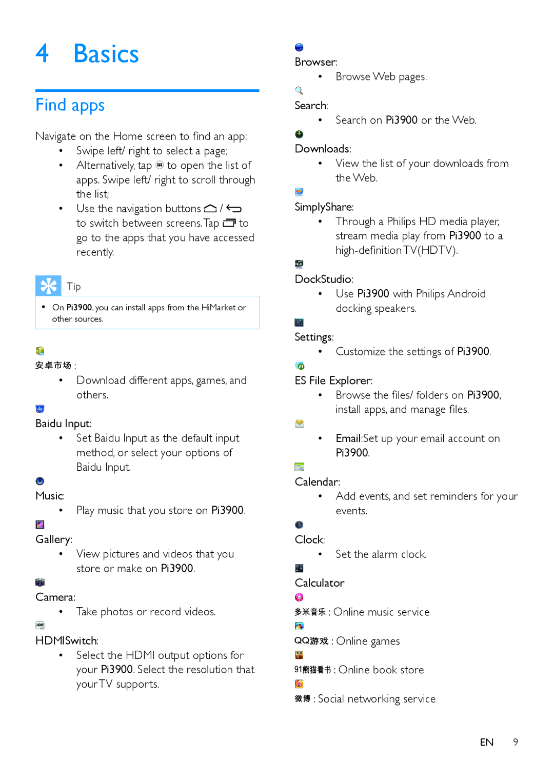 Philips PI3900 manual Basics, Find apps 