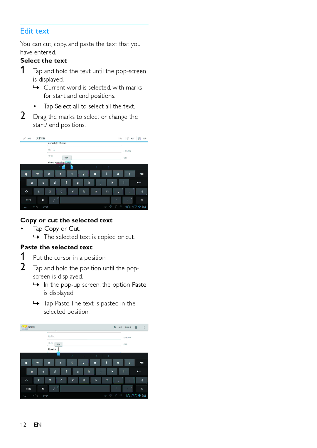 Philips PI3900 manual Edit text, Select the text, Copy or cut the selected text ‡ Tap Copy or Cut, Paste the selected text 