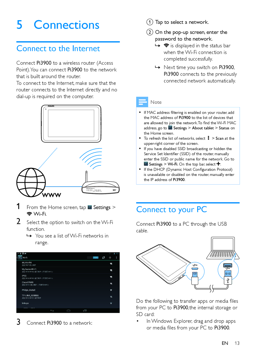 Philips PI3900 Connections, Connect to the Internet, Connect to your PC, Connect Pi3900 to a PC through the USB cable 