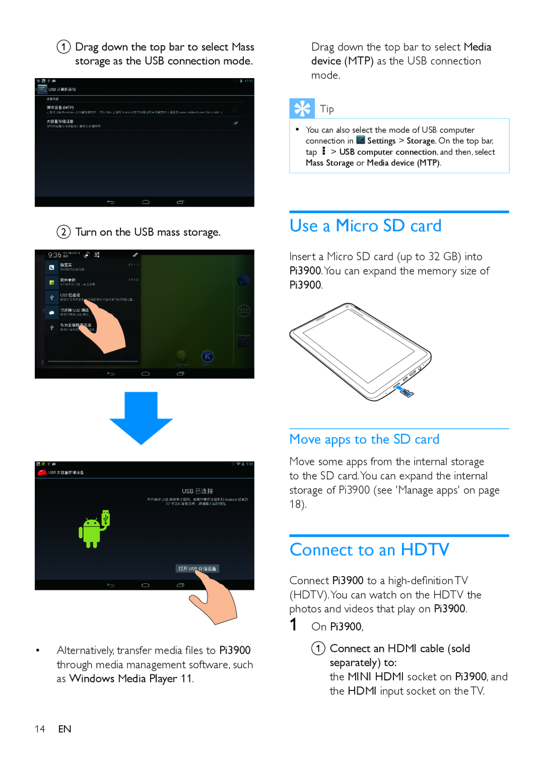 Philips PI3900 manual Use a Micro SD card, Connect to an Hdtv, Move apps to the SD card, Turn on the USB mass storage 