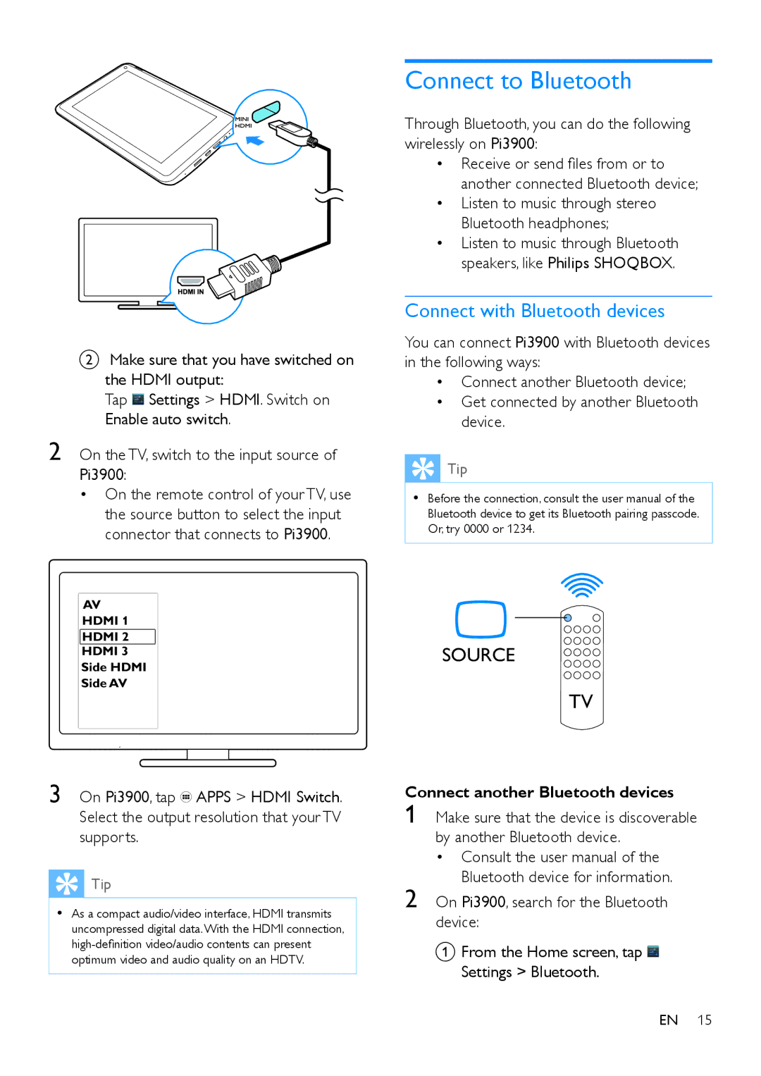 Philips PI3900 manual Connect to Bluetooth, Connect with Bluetooth devices, Connect another Bluetooth devices 