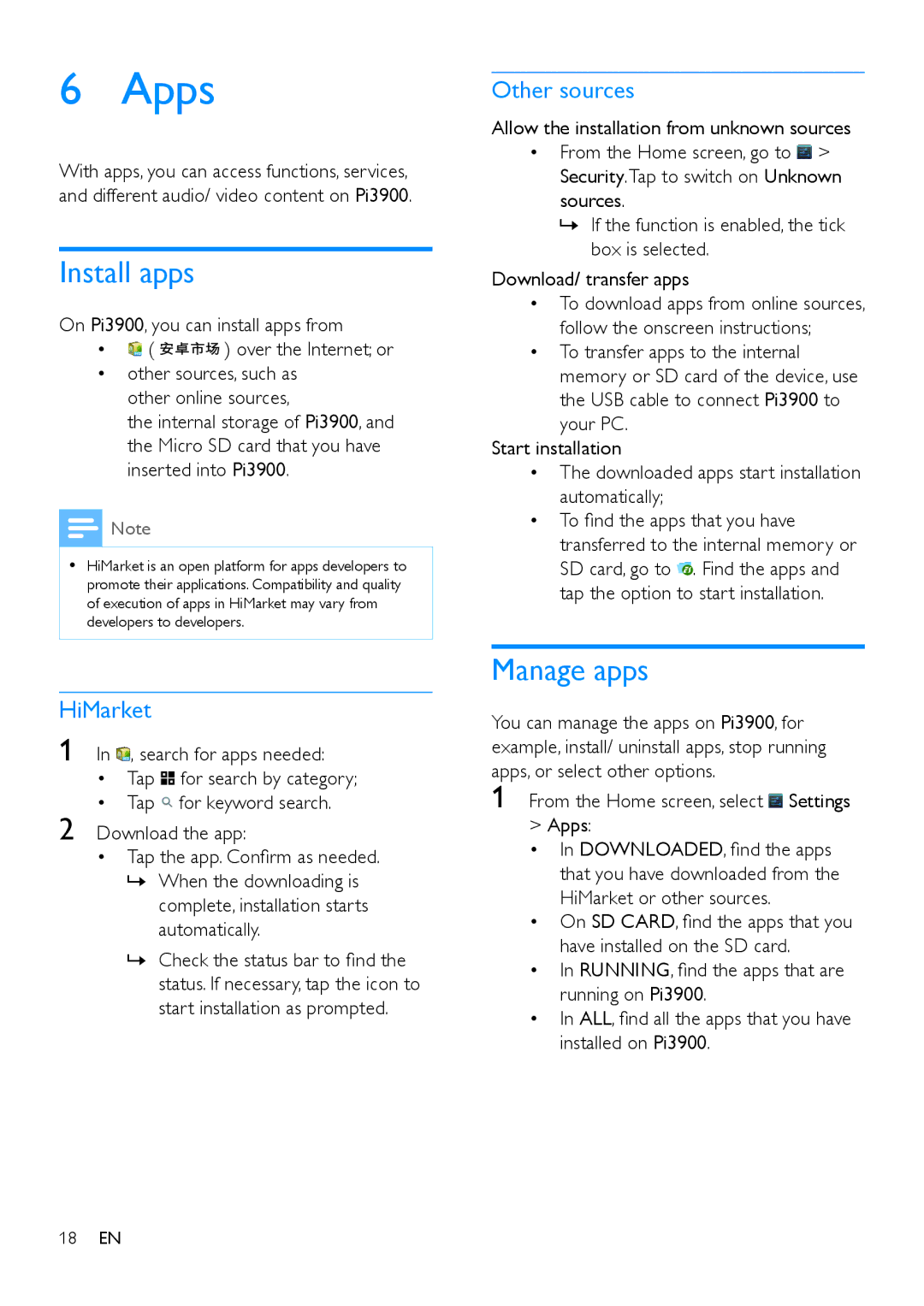 Philips PI3900 manual Apps, Install apps, Manage apps, HiMarket, Other sources 