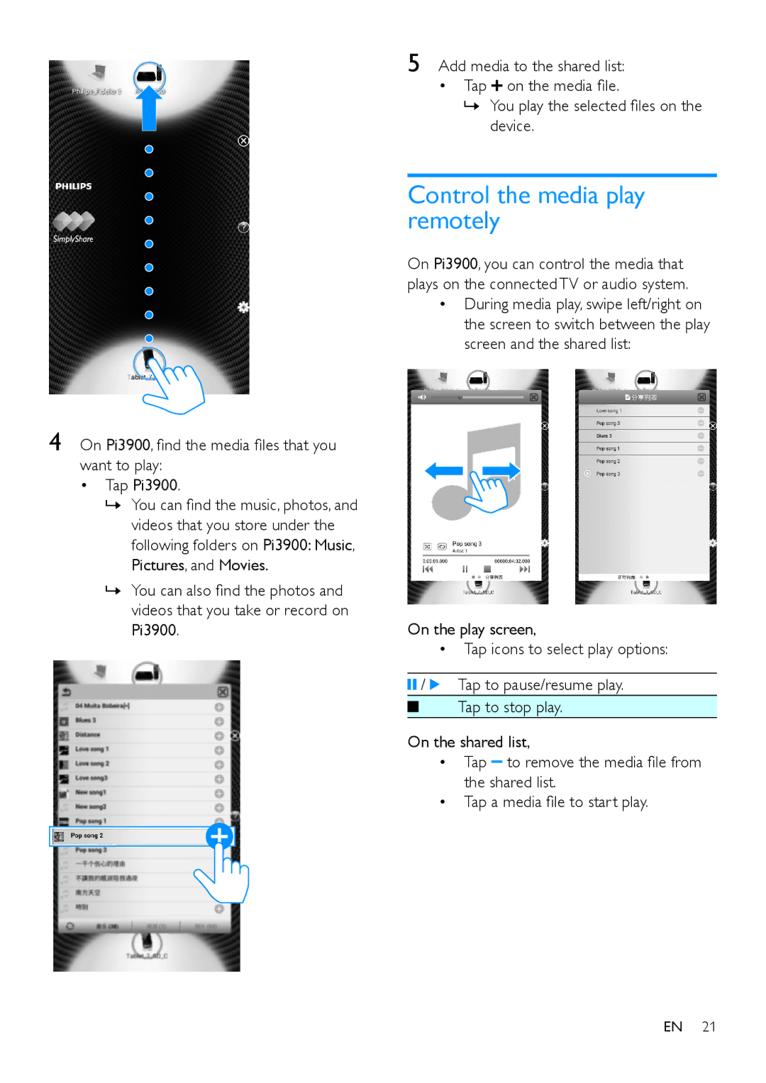 Philips PI3900 manual Control the media play remotely, Want to play ‡ Tap Pi3900, ‡ 7DSDPHGLDÀOHWRVWDUWSOD\ 