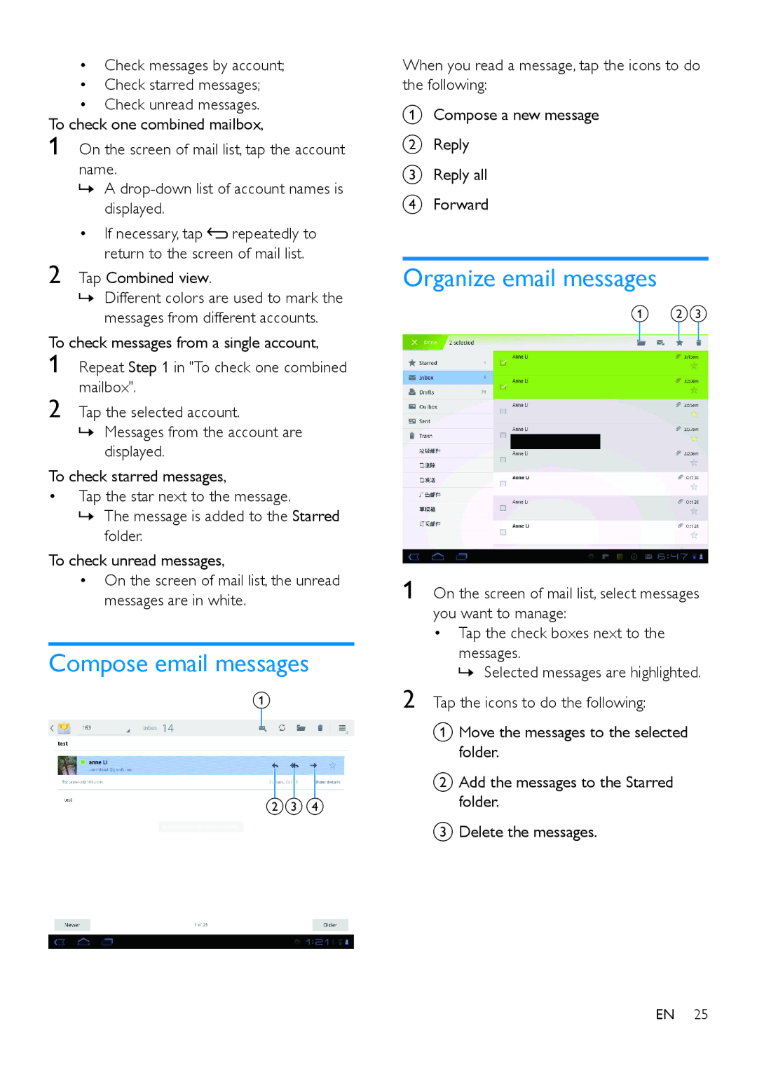 Philips PI3900 manual Compose email messages, Organize email messages, Tap Combined view 