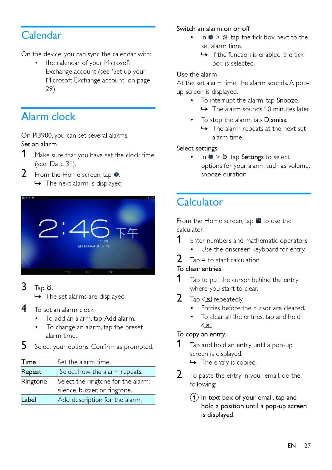 Philips PI3900 manual Calendar, Alarm clock, Calculator 