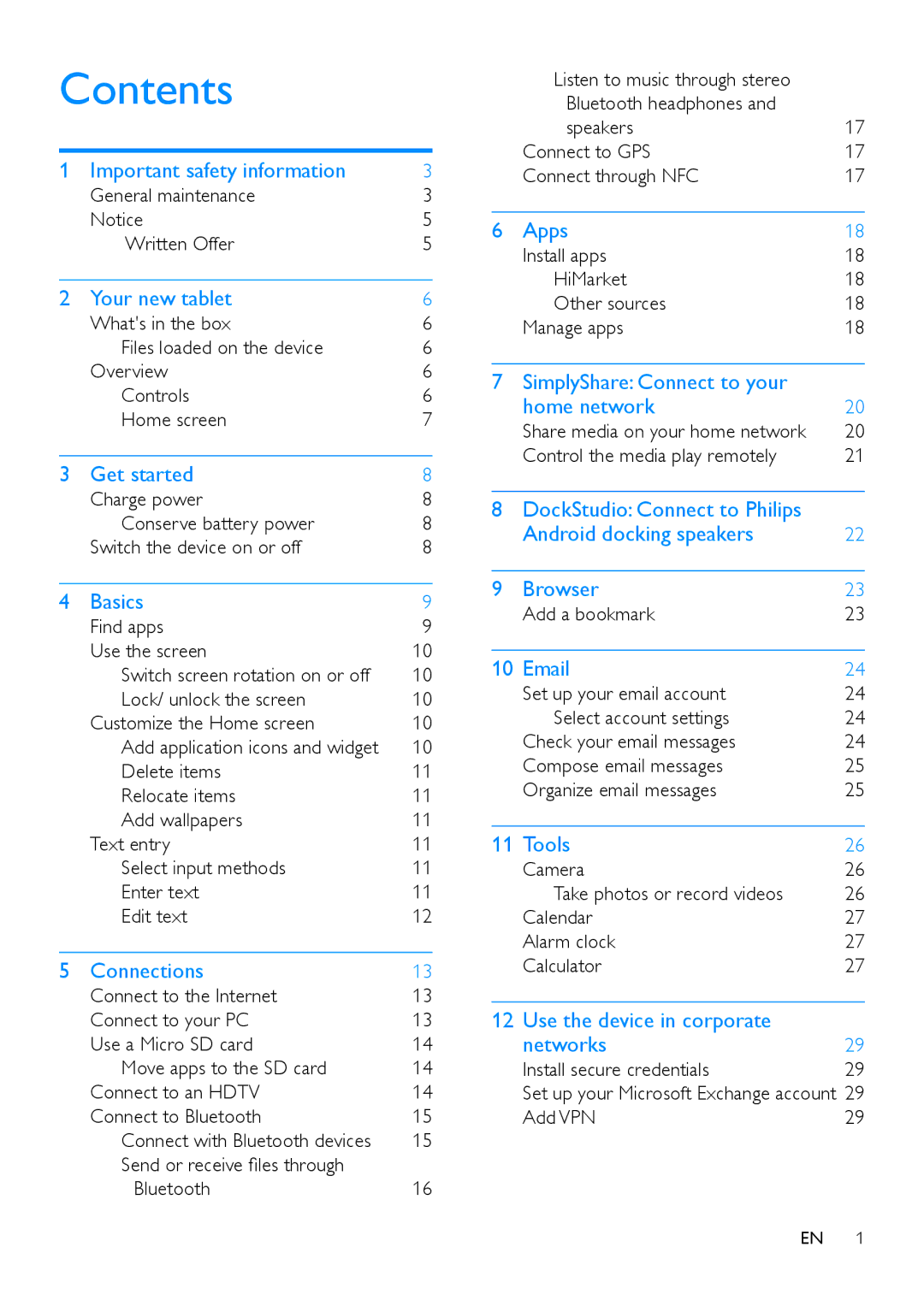 Philips PI3900 manual Contents 