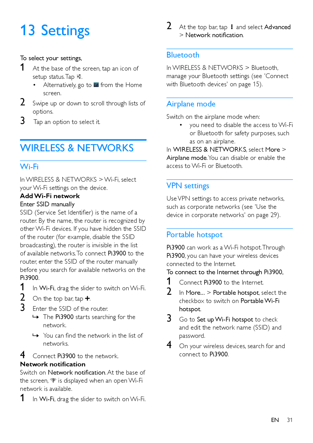 Philips PI3900 manual Settings, Wi-Fi, Airplane mode, VPN settings, Portable hotspot 