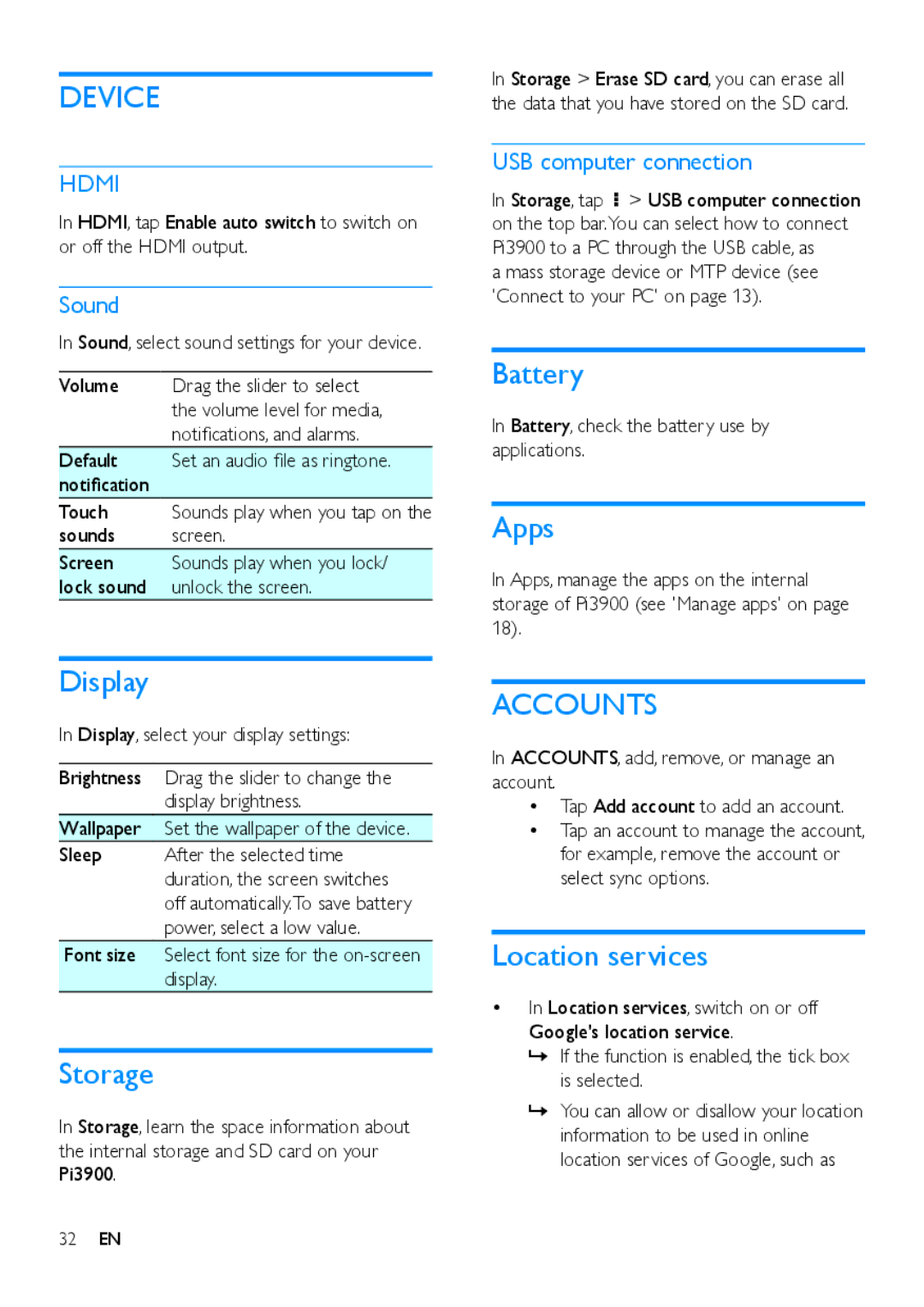 Philips PI3900 manual Display, Storage, Battery, Apps, Location services 