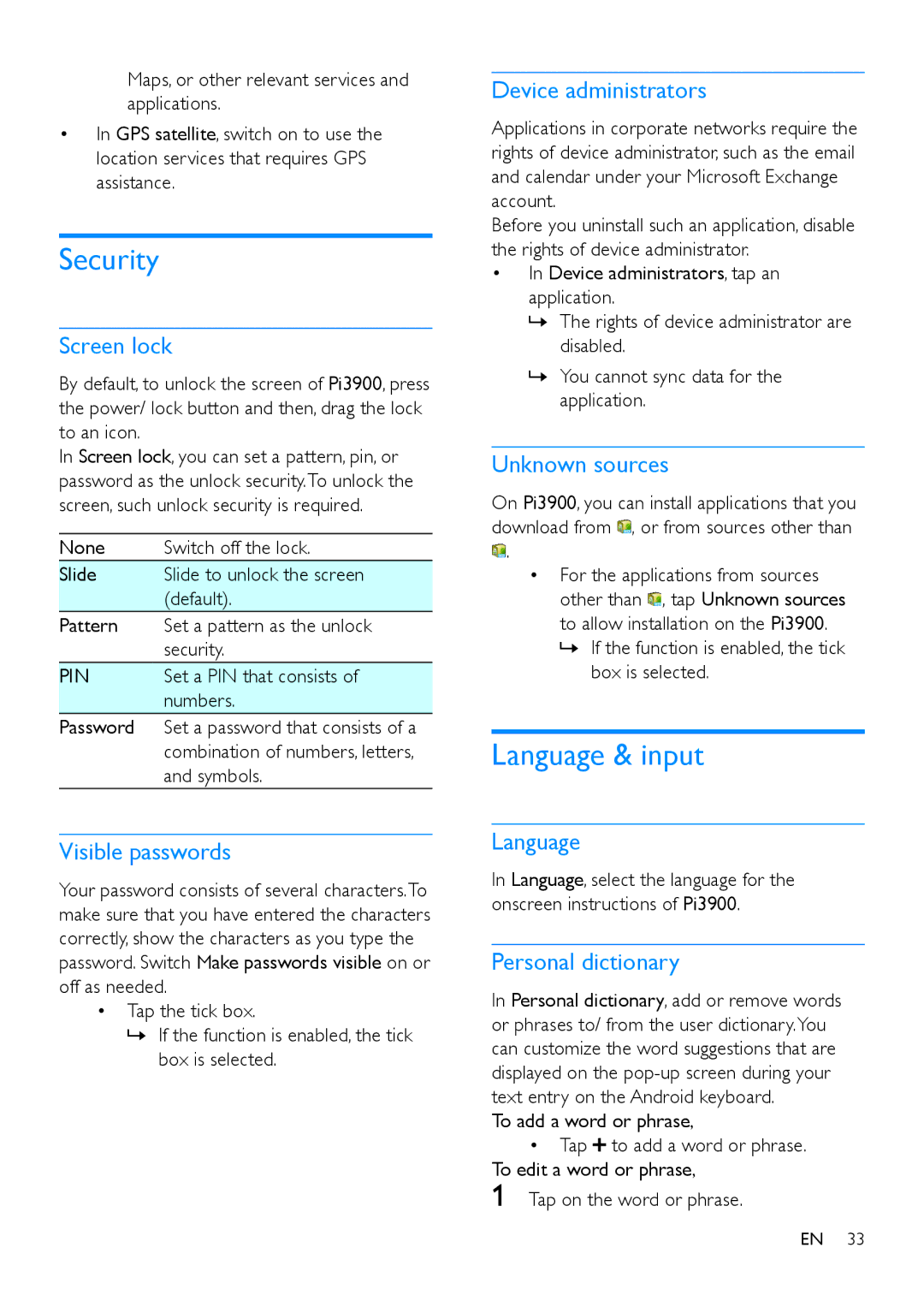 Philips PI3900 manual Security, Language & input 