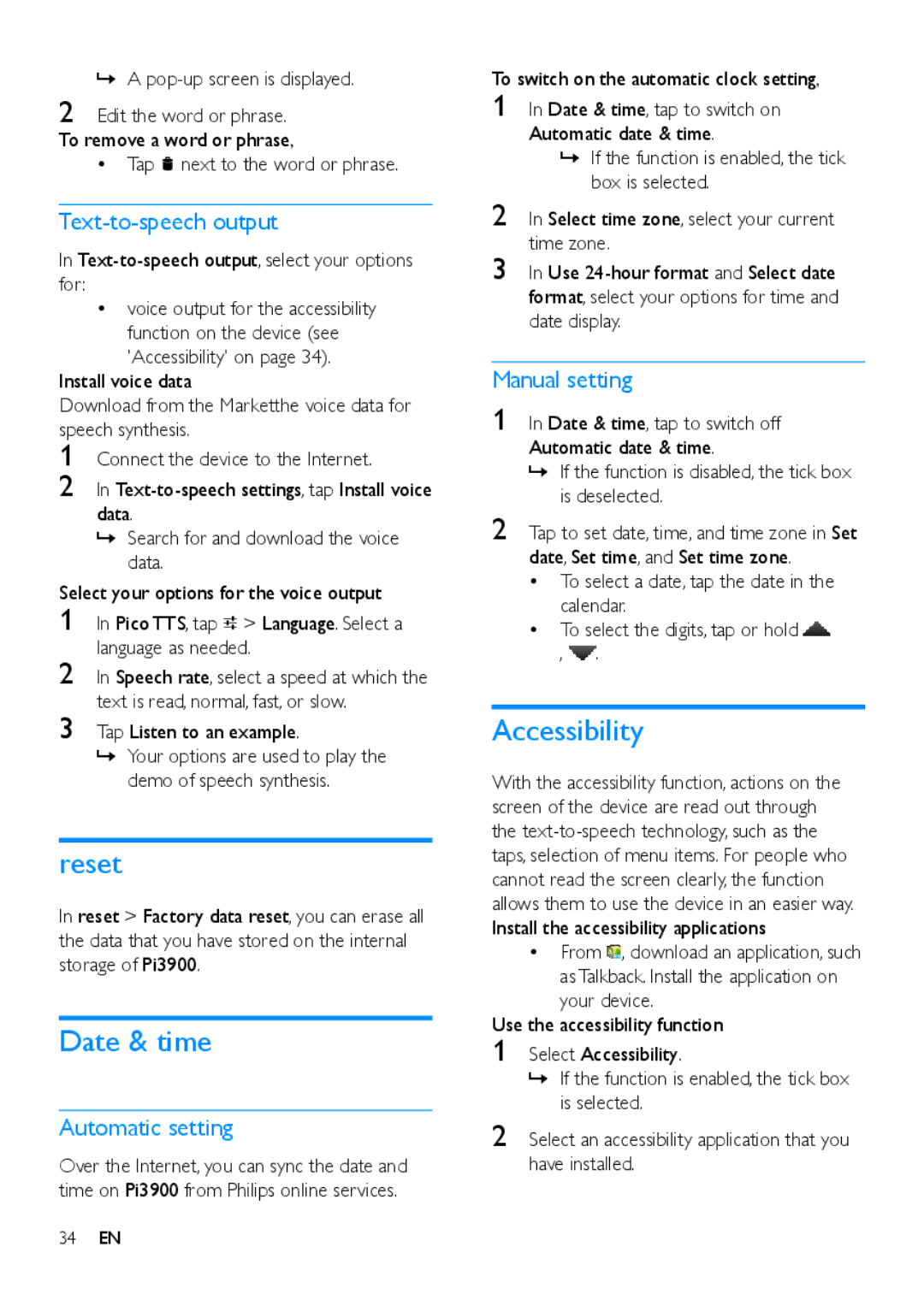 Philips PI3900 manual Reset, Date & time, Accessibility 