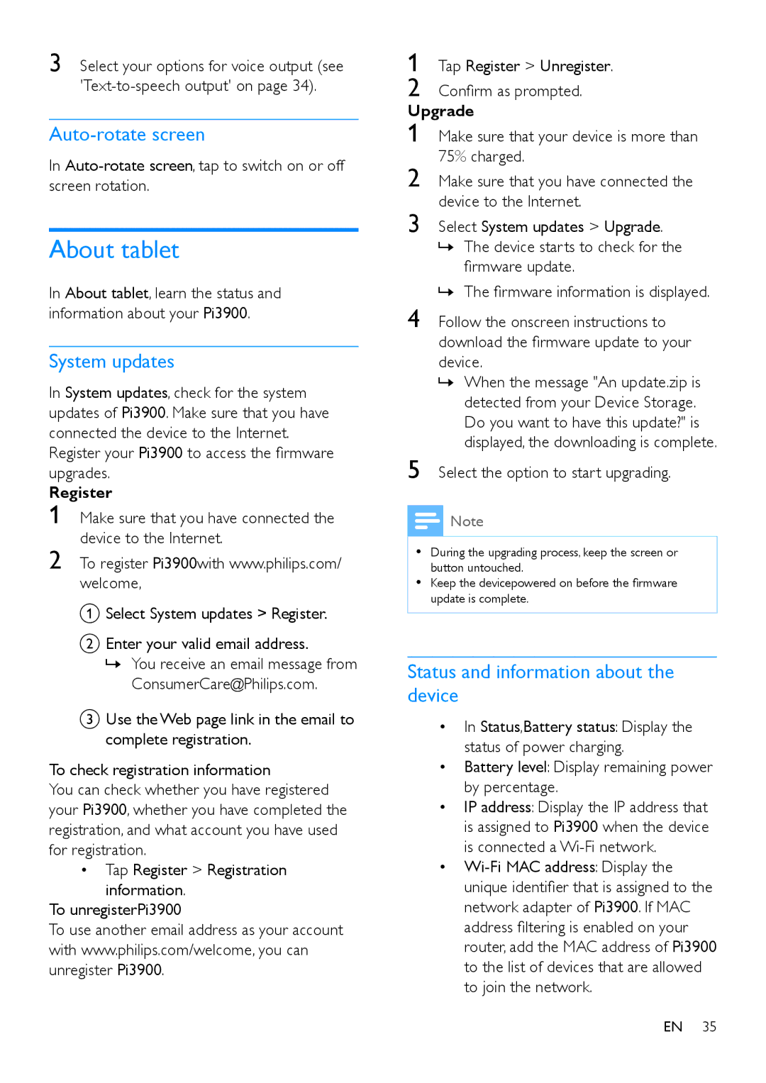 Philips PI3900 manual About tablet, Auto-rotate screen, System updates, Status and information about the device 