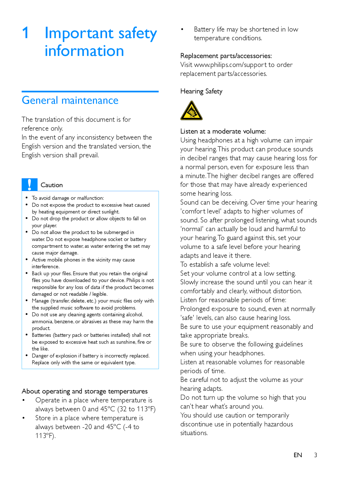 Philips PI3900 General maintenance, Translation of this document is for reference only, To establish a safe volume level 