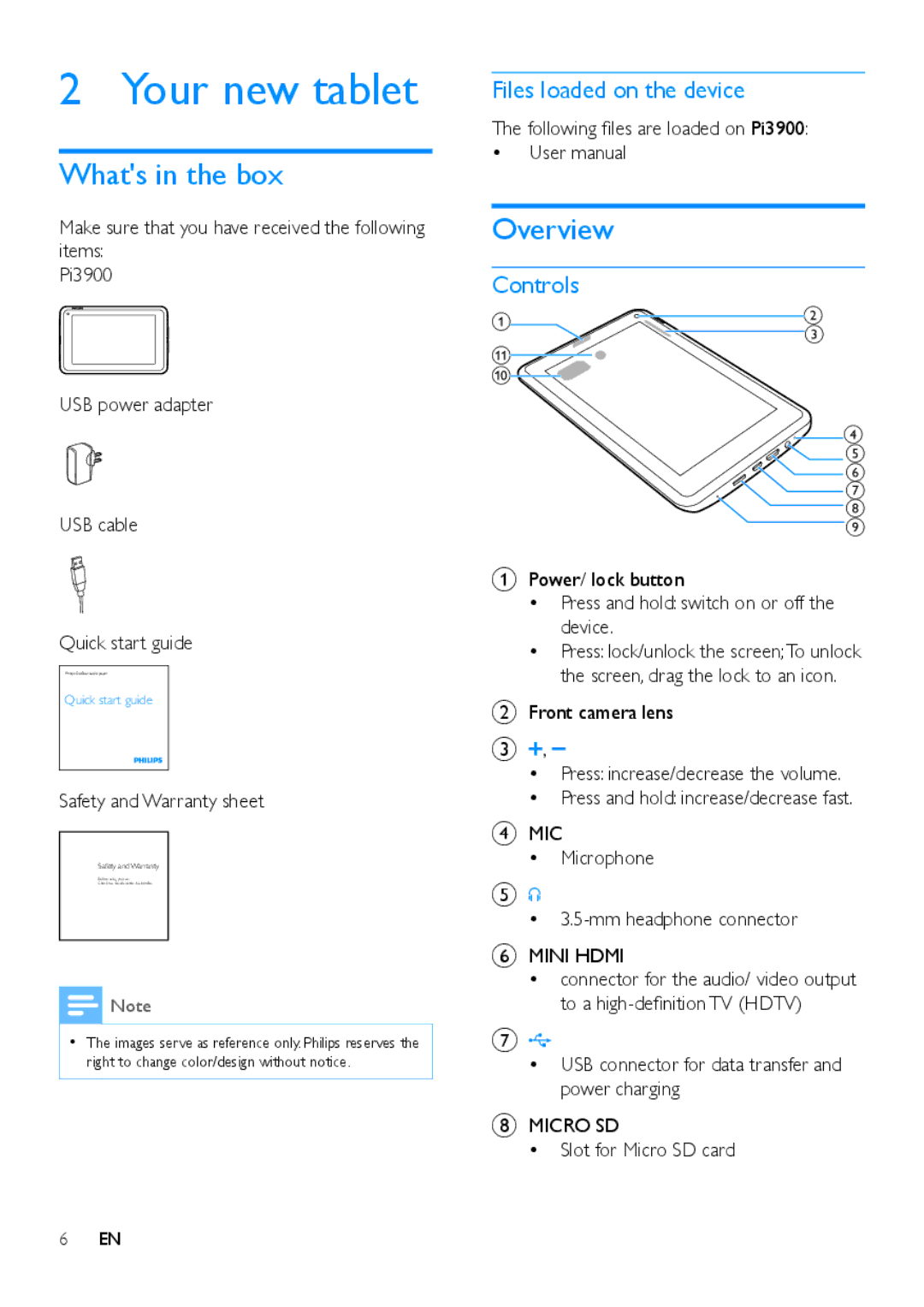 Philips PI3900 manual Your new tablet, Whats in the box, Overview, Files loaded on the device, Controls 