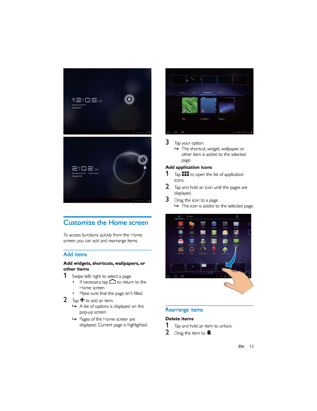 Philips PI7000/93 user manual Customize the Home screen, Add items, Rearrange items, Add application icons, Delete items 