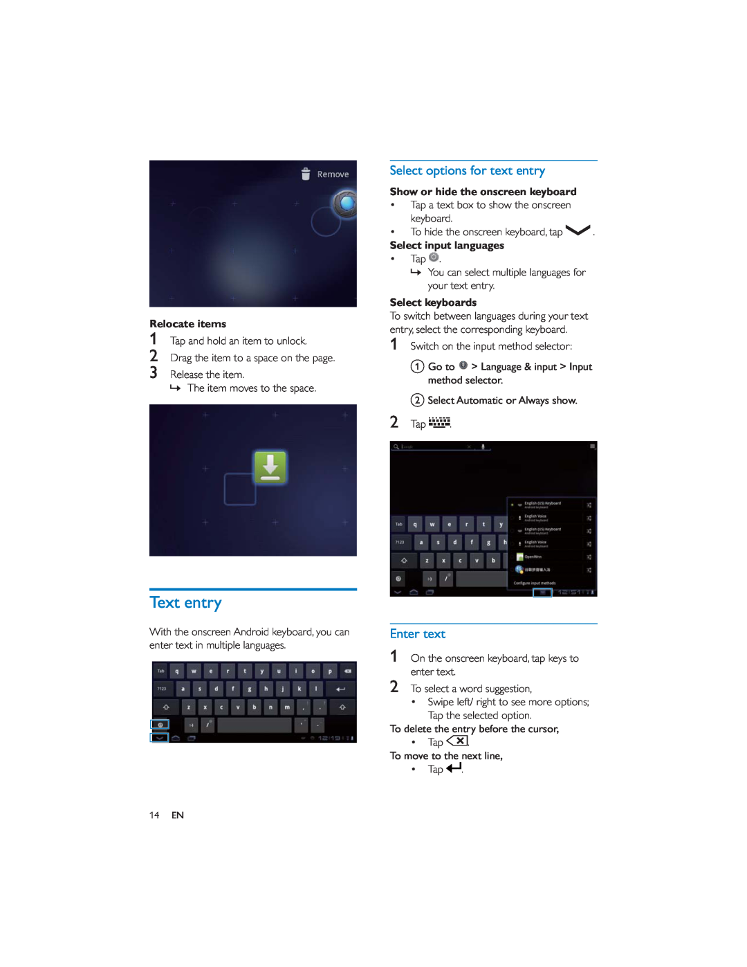 Philips PI7000/93 user manual Text entry, Select options for text entry, Enter text, Relocate items, Select input languages 