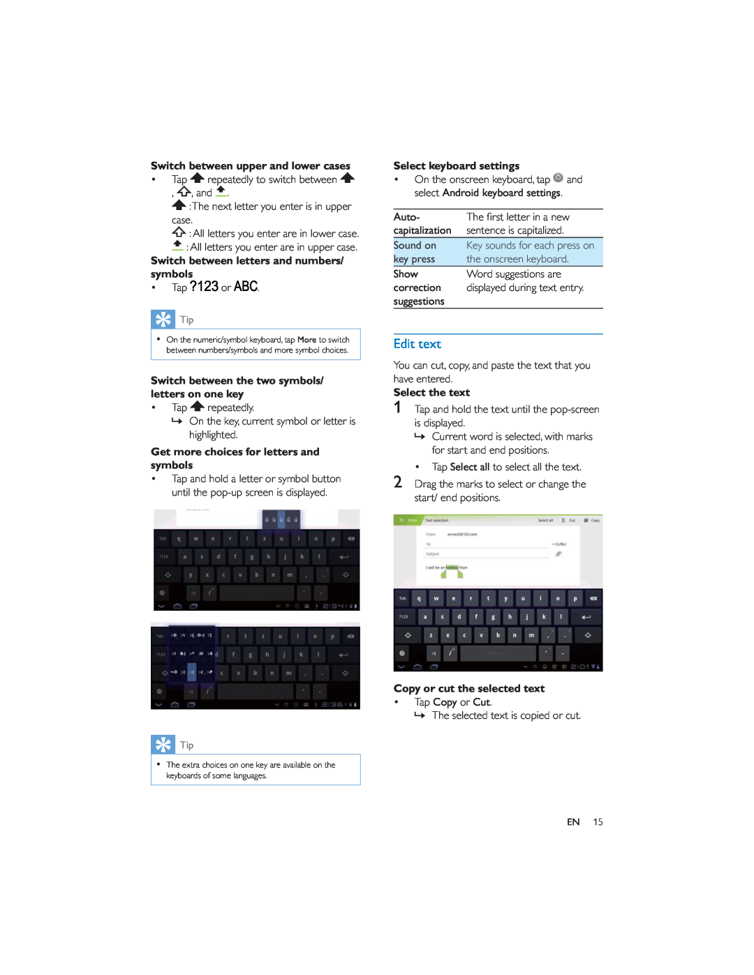 Philips PI7000/93 user manual Edit text, Switch between upper and lower cases, Switch between letters and numbers/ symbols 