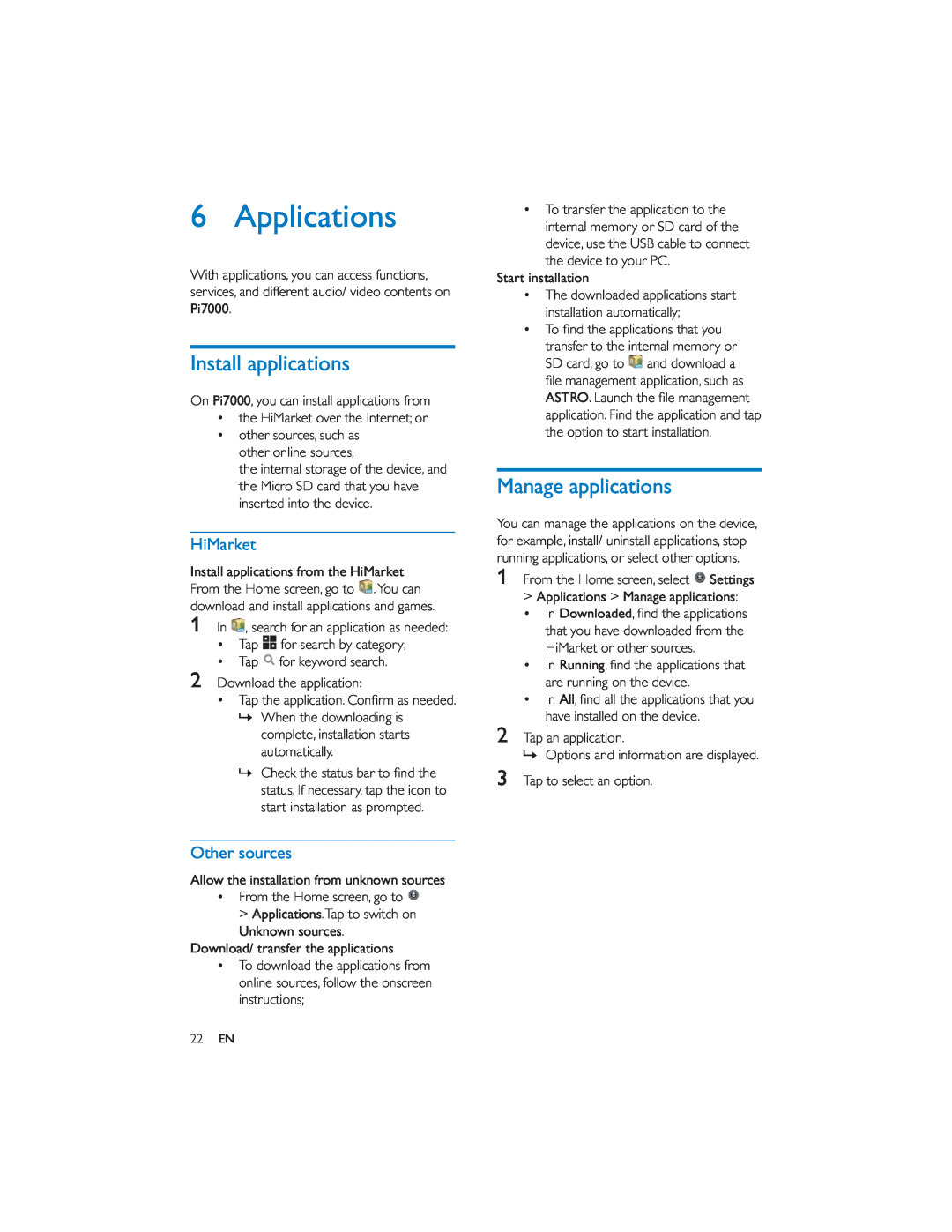 Philips PI7000/93 user manual Applications, Install applications, Manage applications, HiMarket, Other sources 