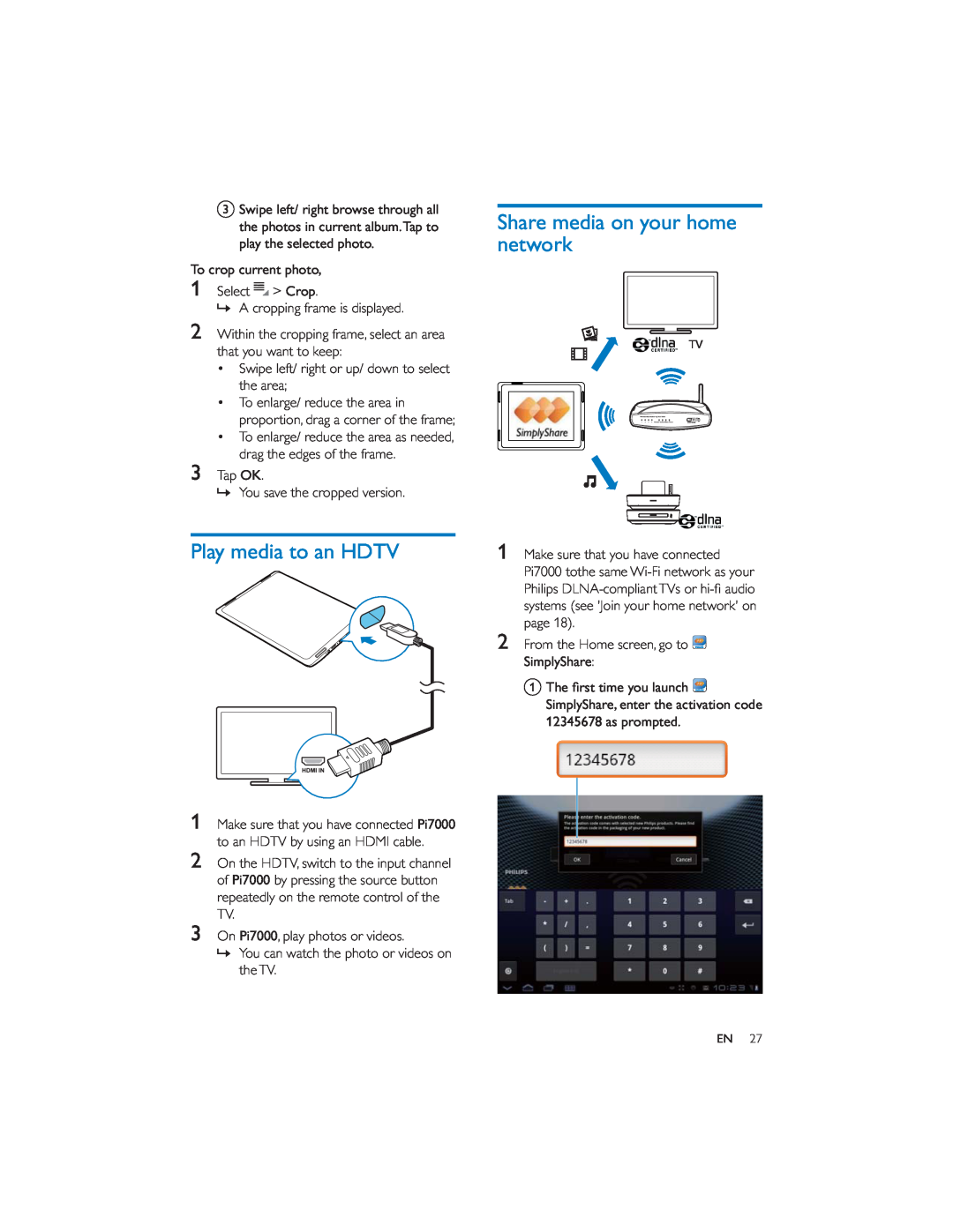 Philips PI7000/93 user manual Play media to an HDTV, Share media on your home network 