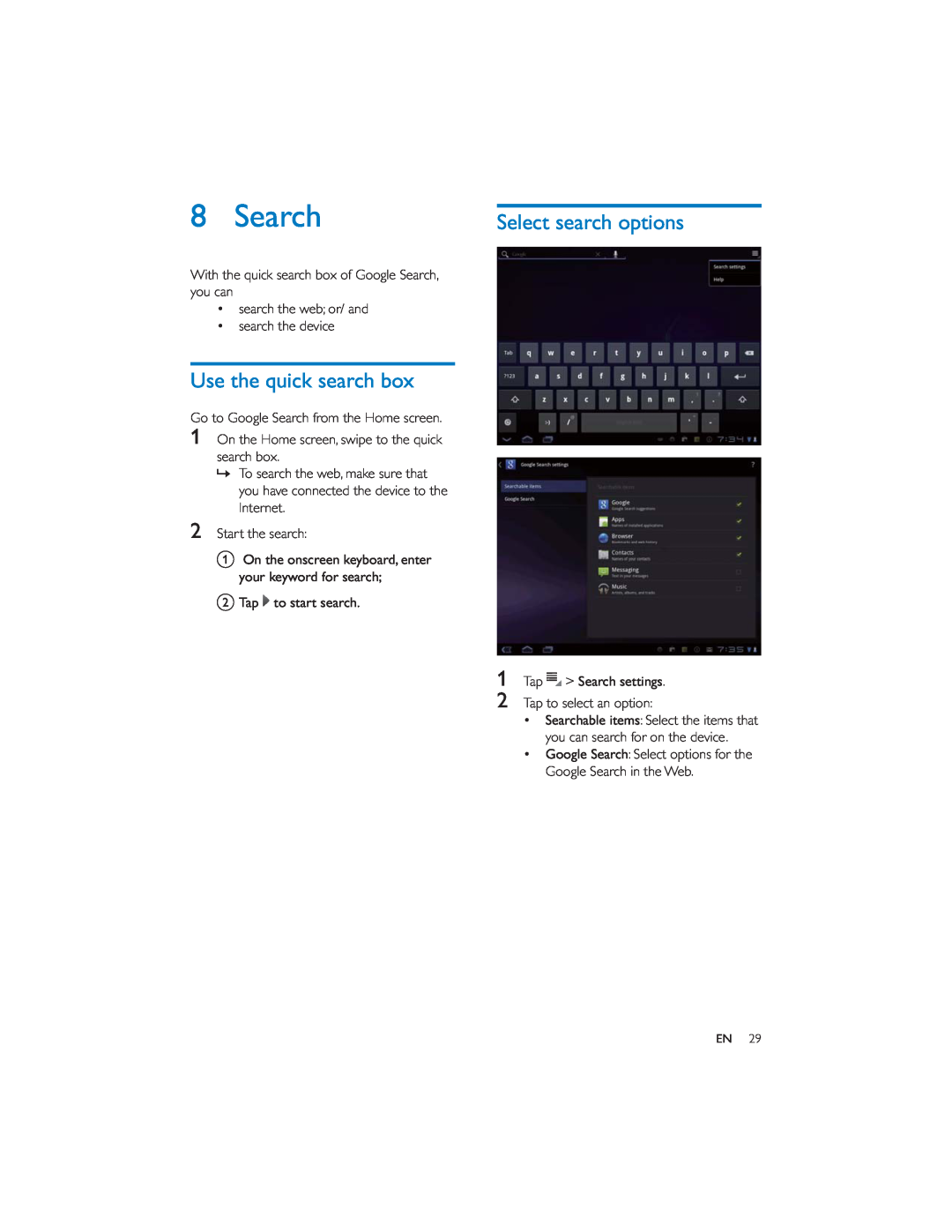 Philips PI7000/93 user manual Search, Use the quick search box, Select search options 