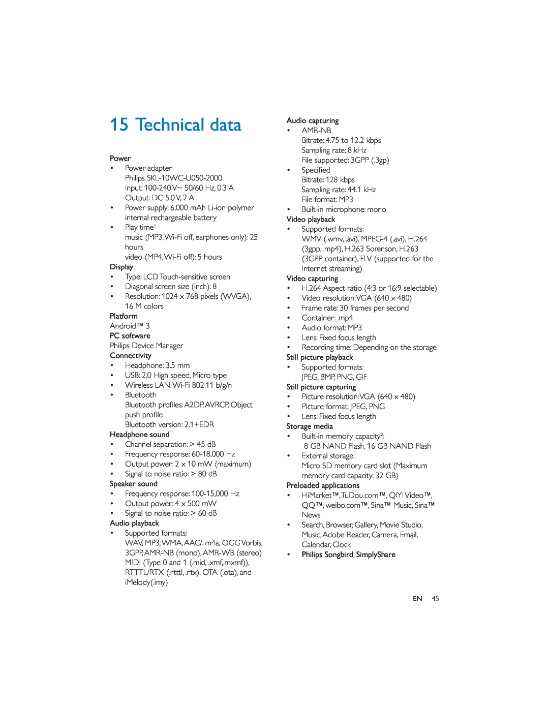 Philips PI7000/93 user manual Technical data 