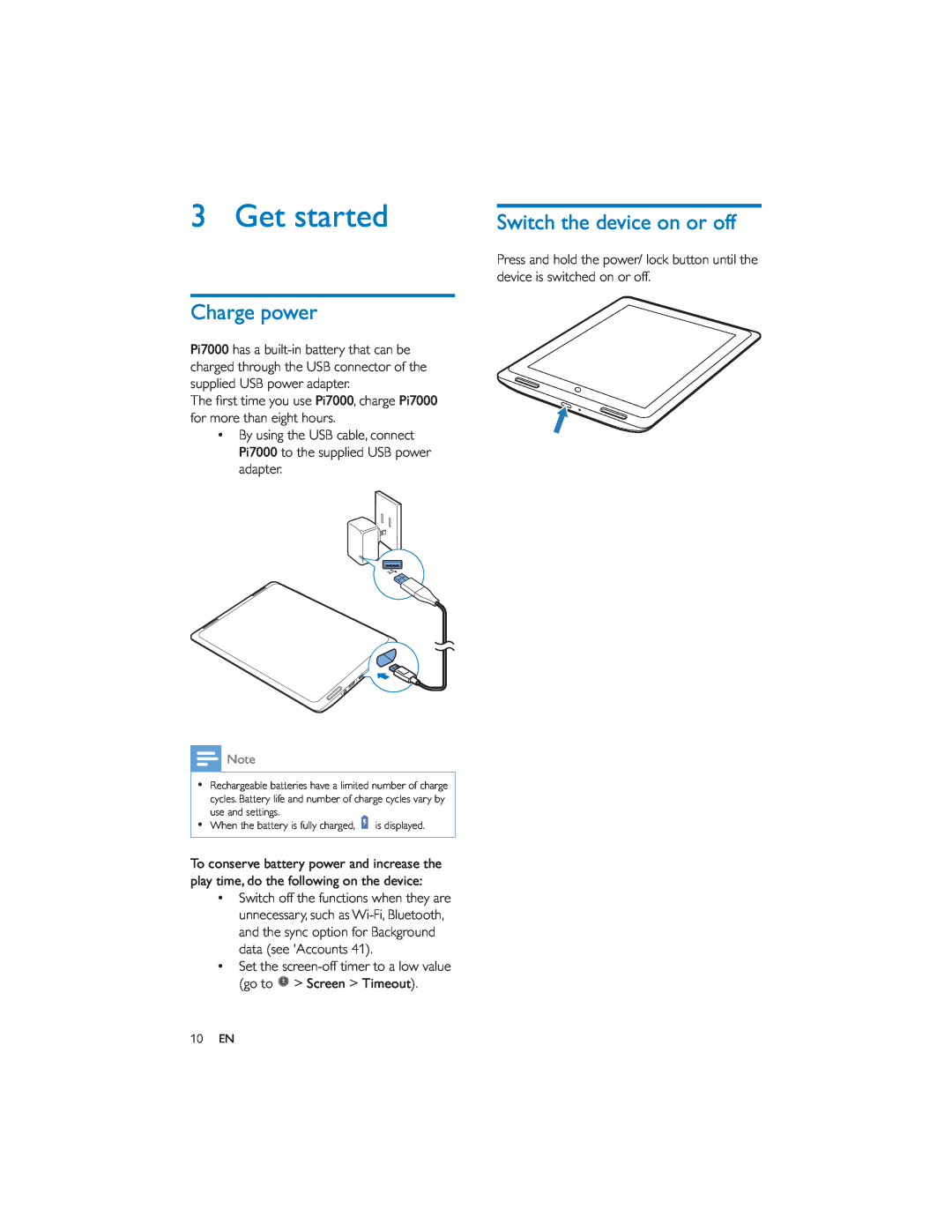 Philips PI7000/93 user manual Get started, Charge power, Switch the device on or off 