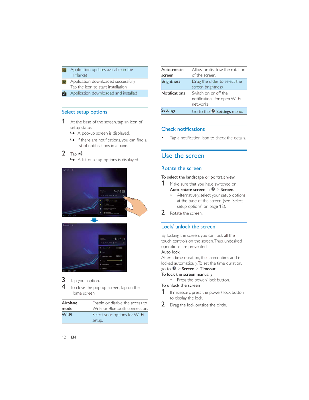 Philips PI7000/93 user manual Use the screen, Select setup options, Rotate the screen, Lock/ unlock the screen 