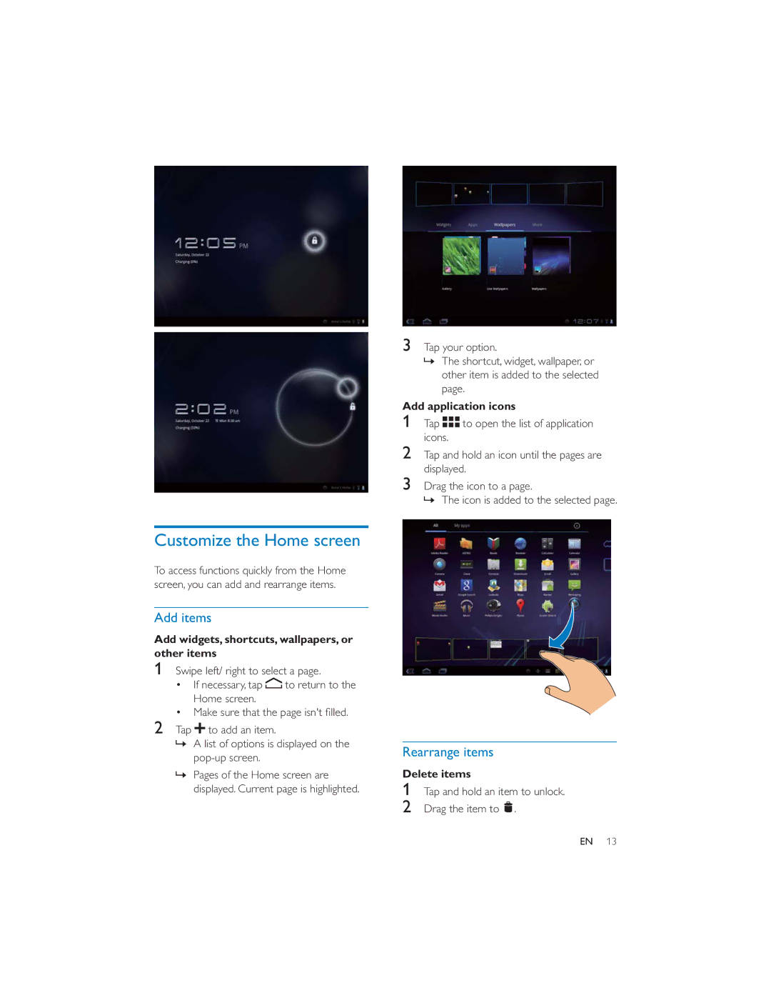 Philips PI7000/93 user manual Customize the Home screen, Add items, Rearrange items 