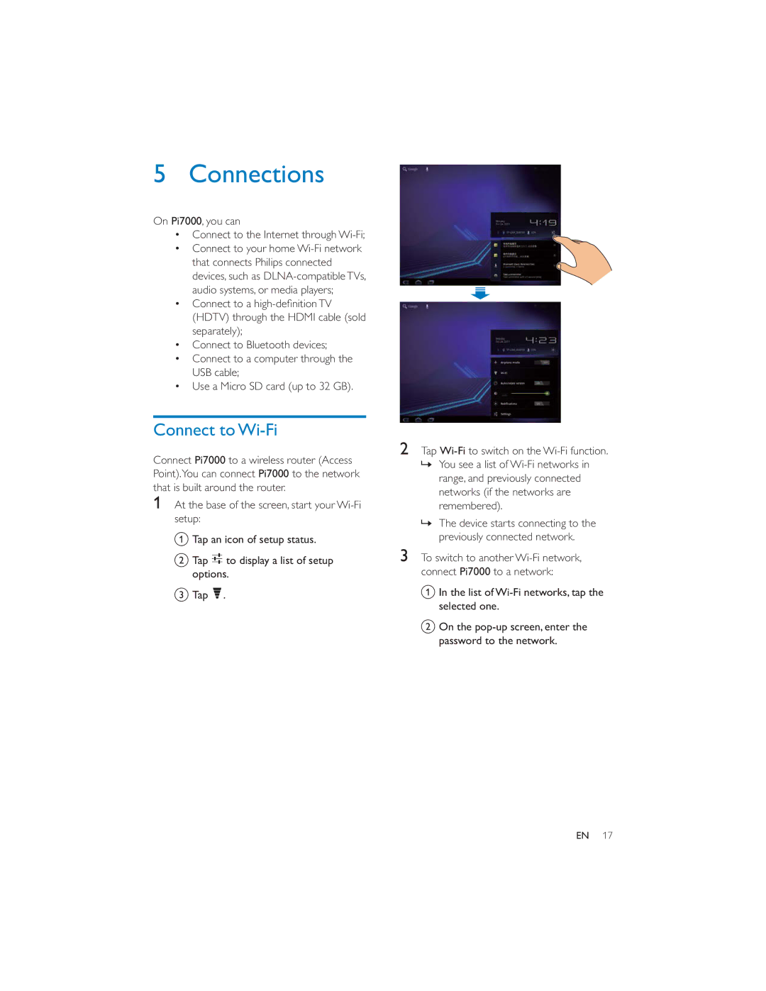 Philips PI7000/93 Connections, Connect to Wi-Fi, On Pi7000, you can, Hdtv through the Hdmi cable sold separately 