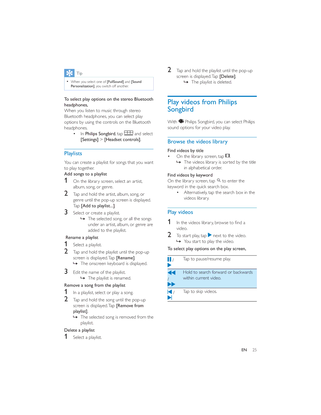 Philips PI7000/93 user manual Play videos from Philips Songbird, Playlists, Browse the videos library 