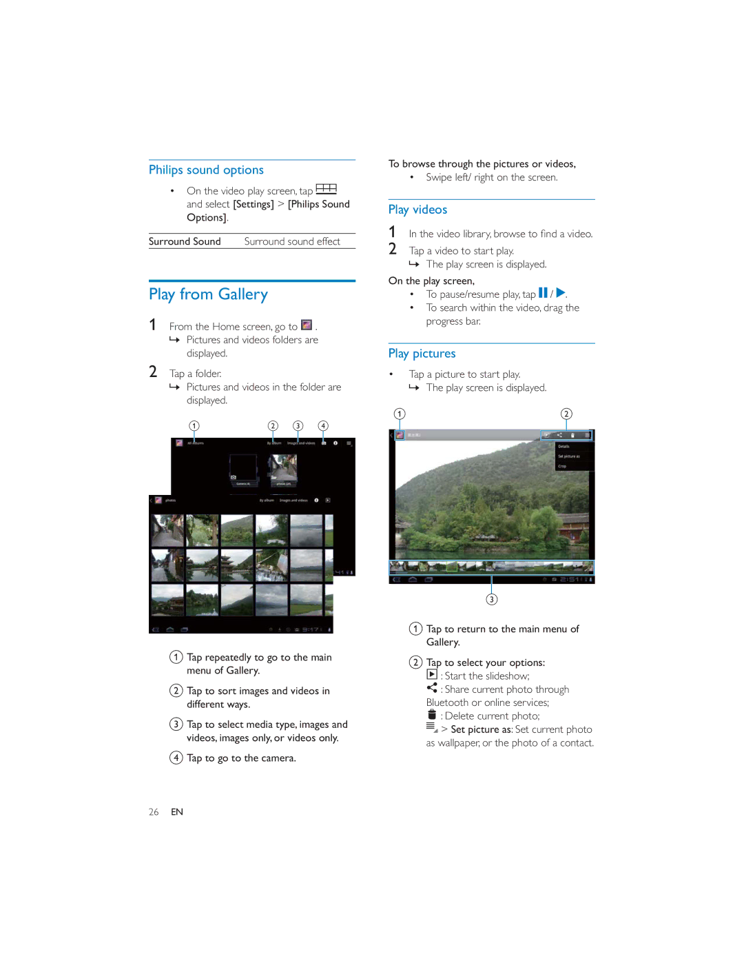 Philips PI7000/93 user manual Play from Gallery, Philips sound options, Play pictures 