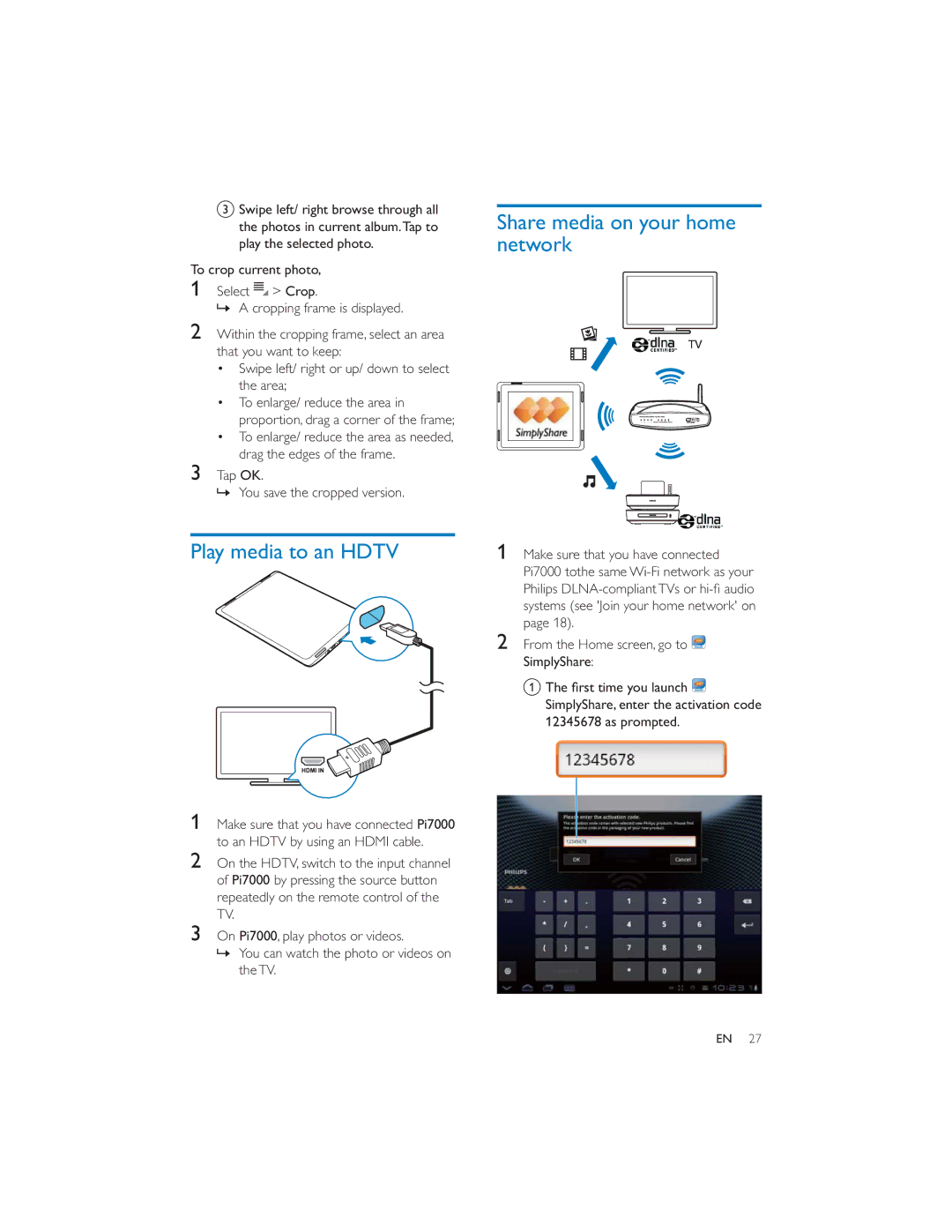 Philips PI7000/93 Play media to an Hdtv, Share media on your home network, Tap OK » You save the cropped version 