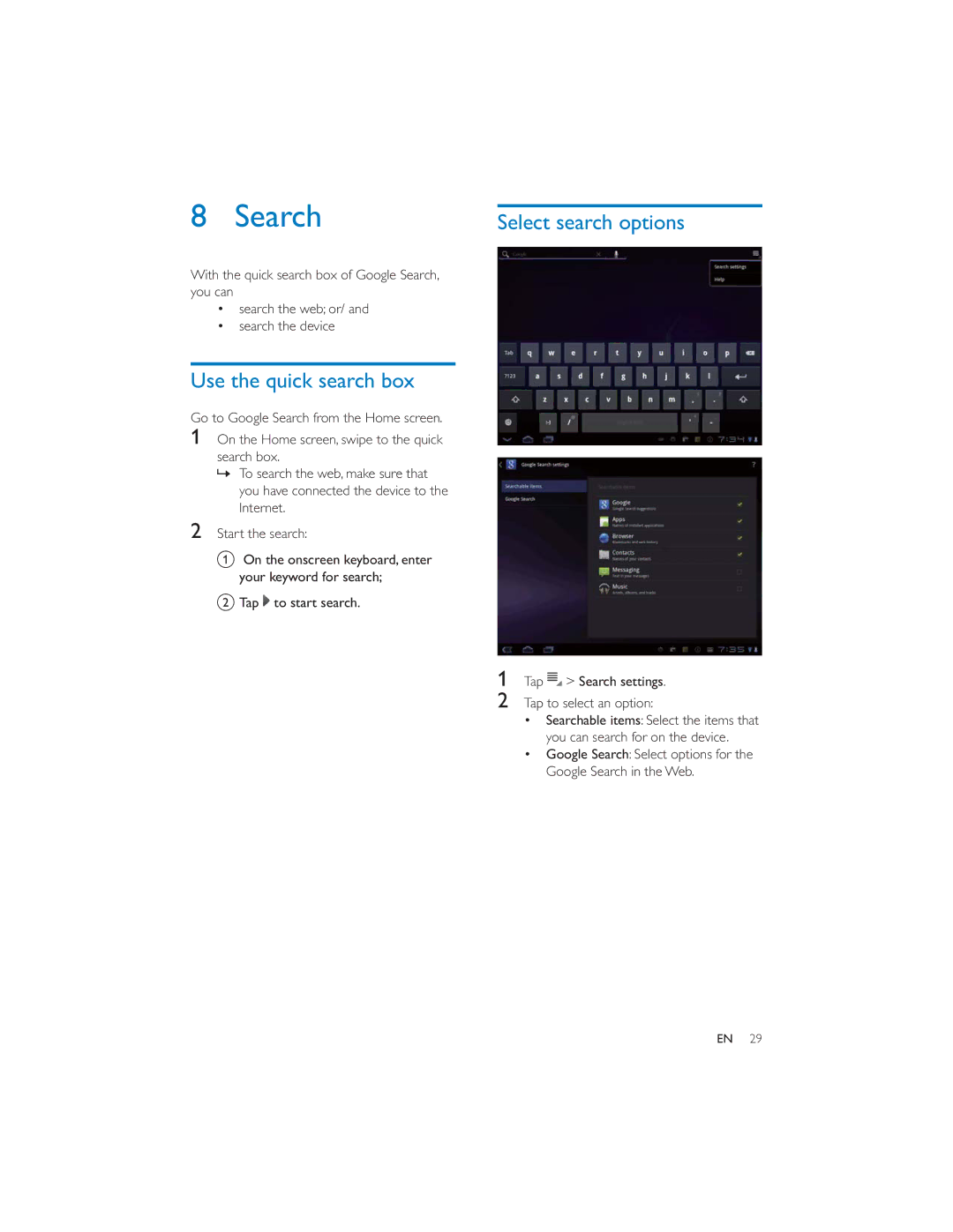 Philips PI7000/93 Use the quick search box, Select search options, Tap Search settings Tap to select an option 