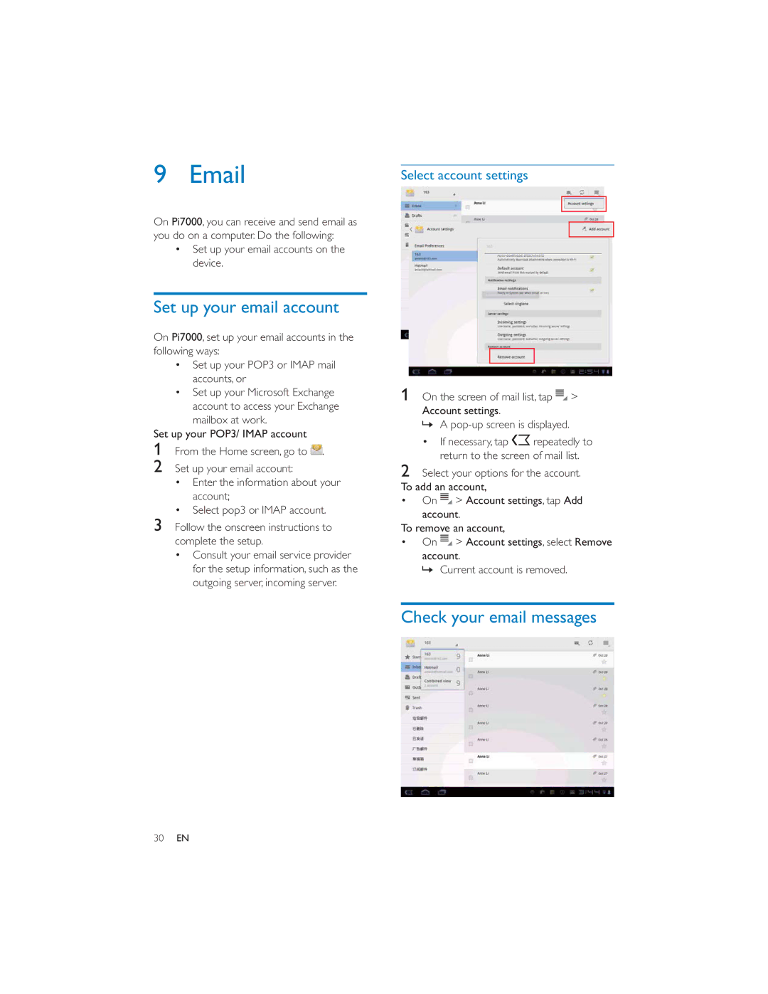 Philips PI7000/93 user manual Set up your email account, Check your email messages, Select account settings 