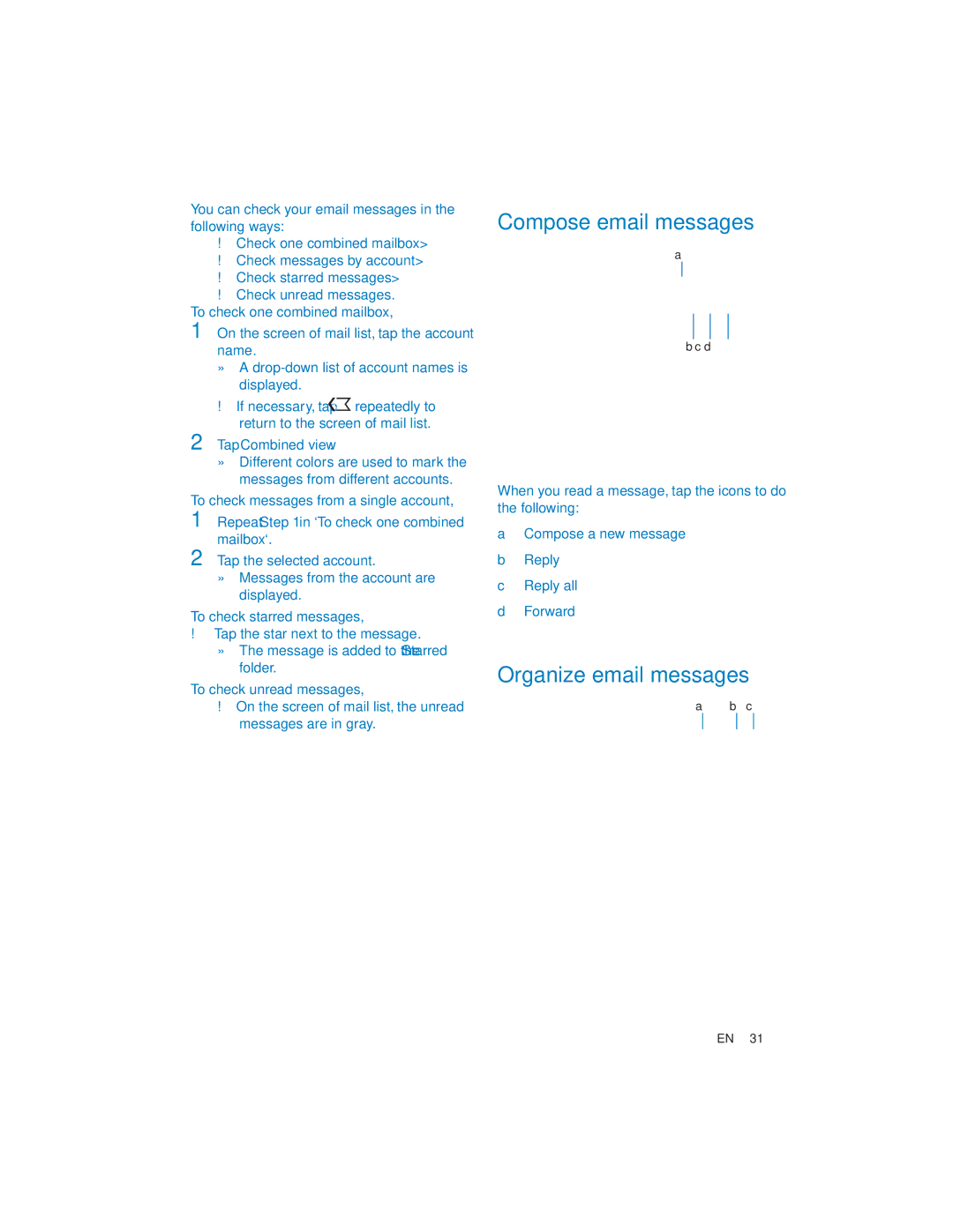 Philips PI7000/93 Compose email messages, Organize email messages, You can check your email messages in the following ways 