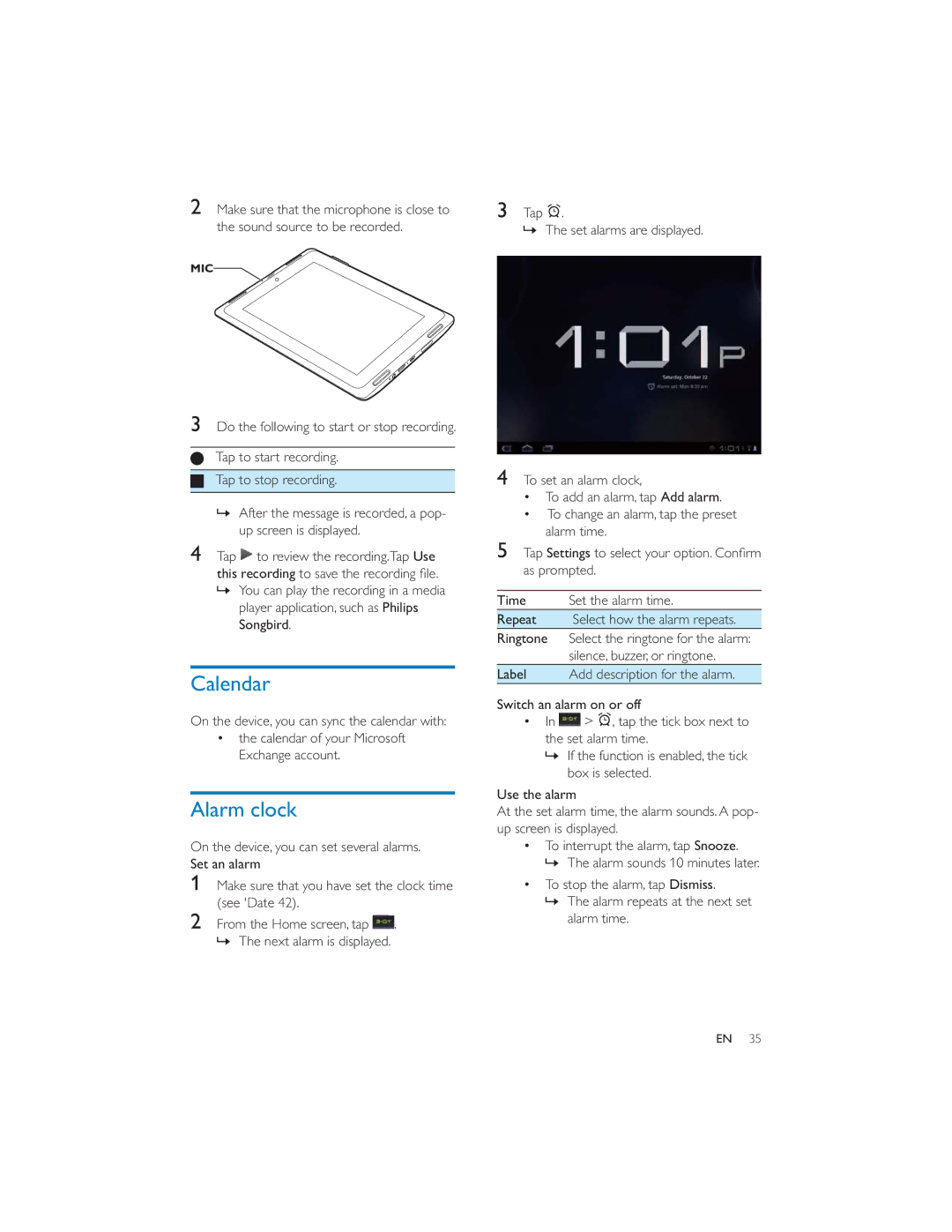 Philips PI7000/93 user manual Calendar, Alarm clock, Tap » The set alarms are displayed To set an alarm clock, Alarm time 