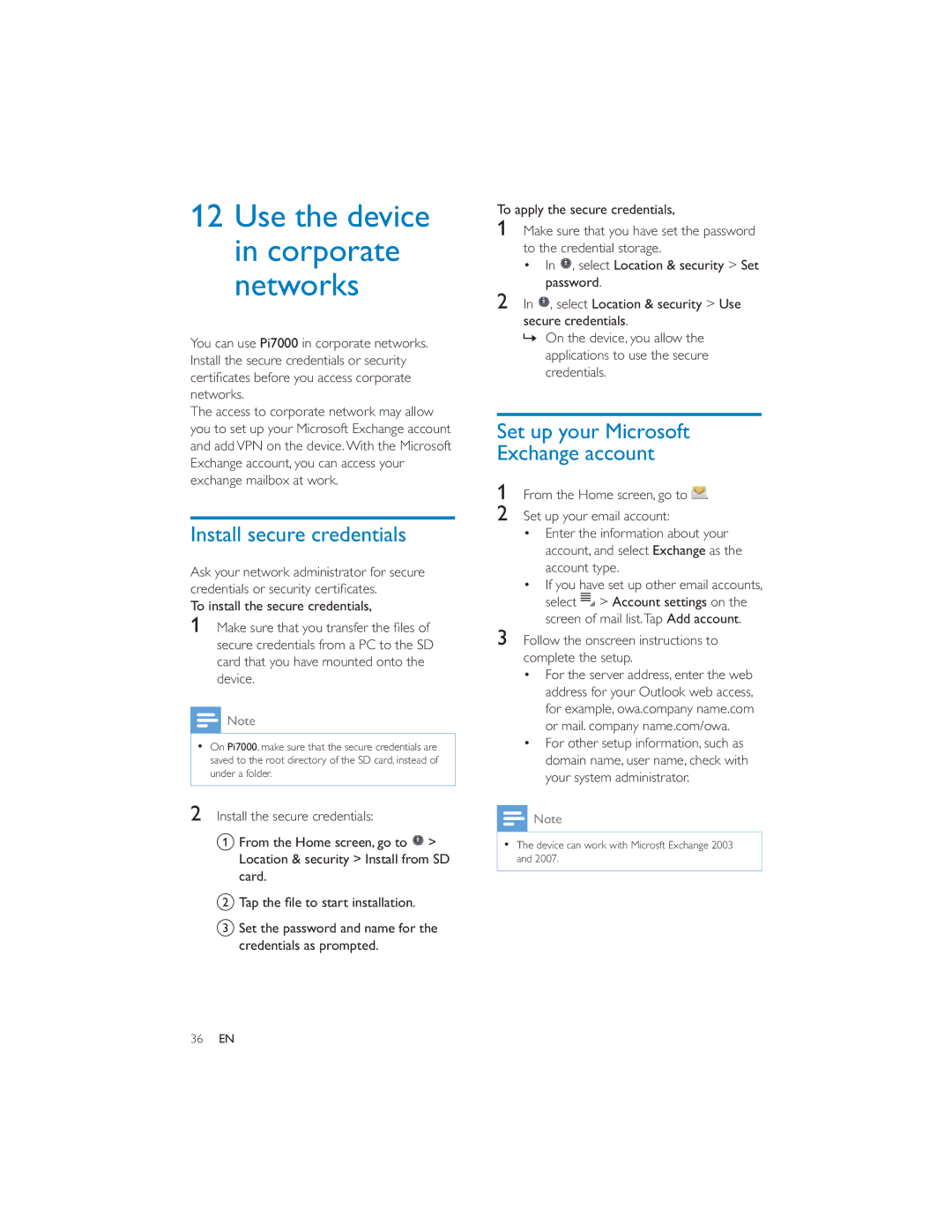 Philips PI7000/93 user manual Install secure credentials, Set up your Microsoft Exchange account 