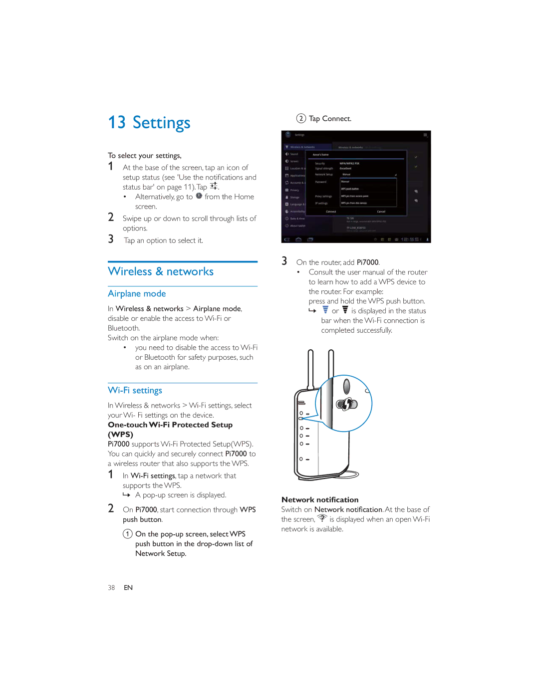 Philips PI7000/93 Settings, Wireless & networks, Airplane mode, Wi-Fi settings, One-touch Wi-Fi Protected Setup WPS 