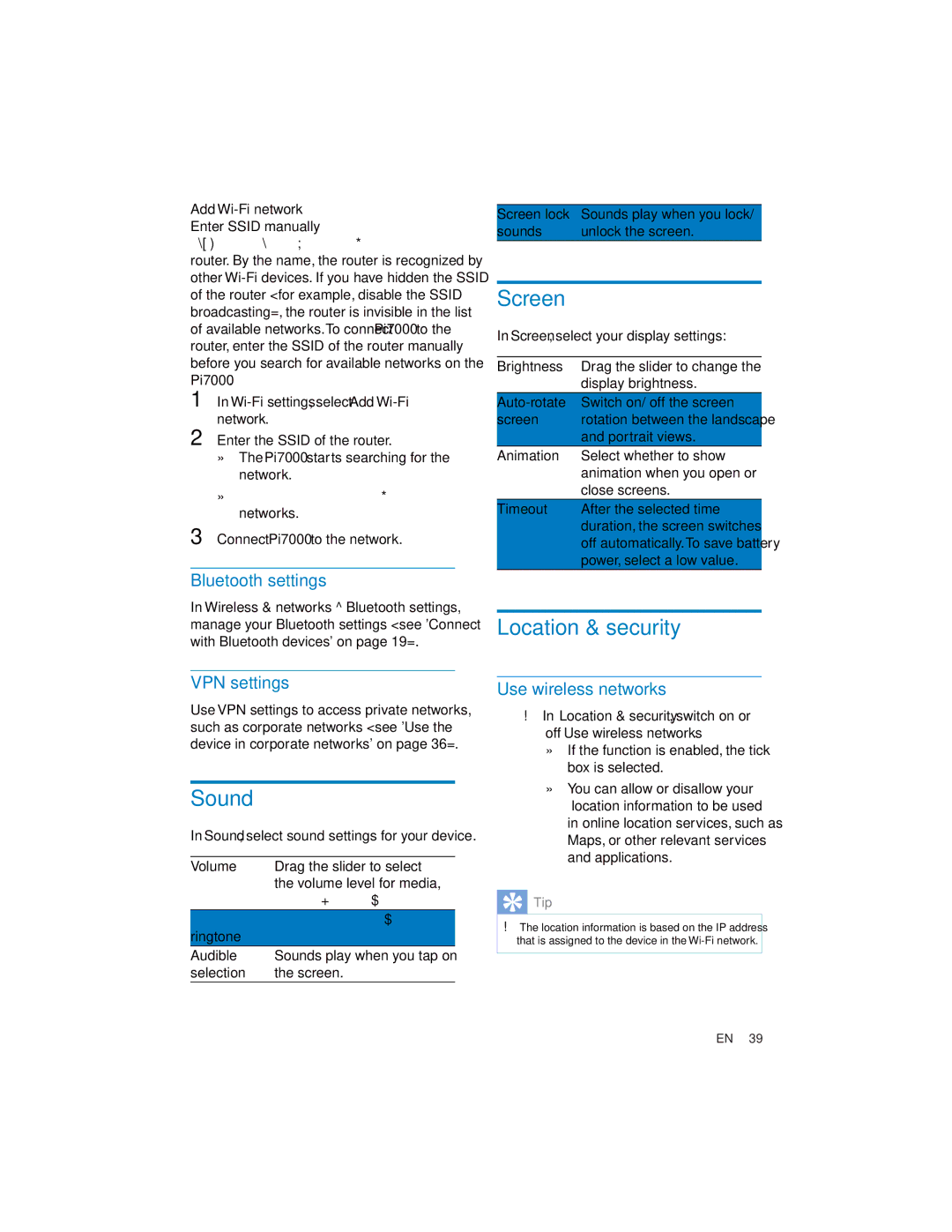 Philips PI7000/93 user manual Sound, Screen, Location & security 