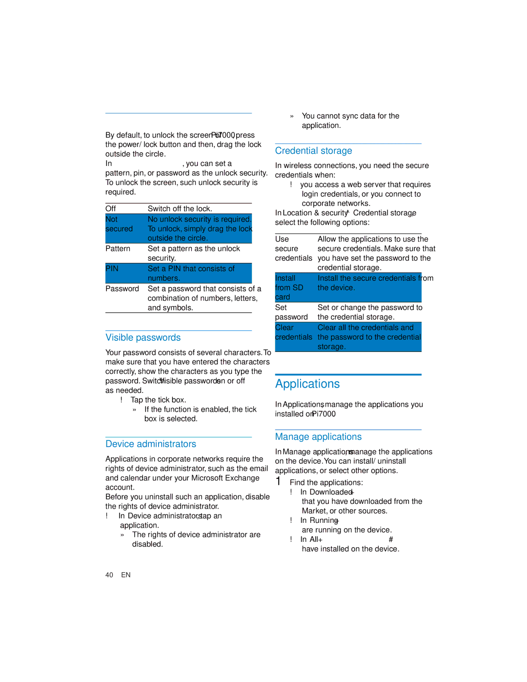 Philips PI7000/93 Applications, Visible passwords, Device administrators, Credential storage, Manage applications 