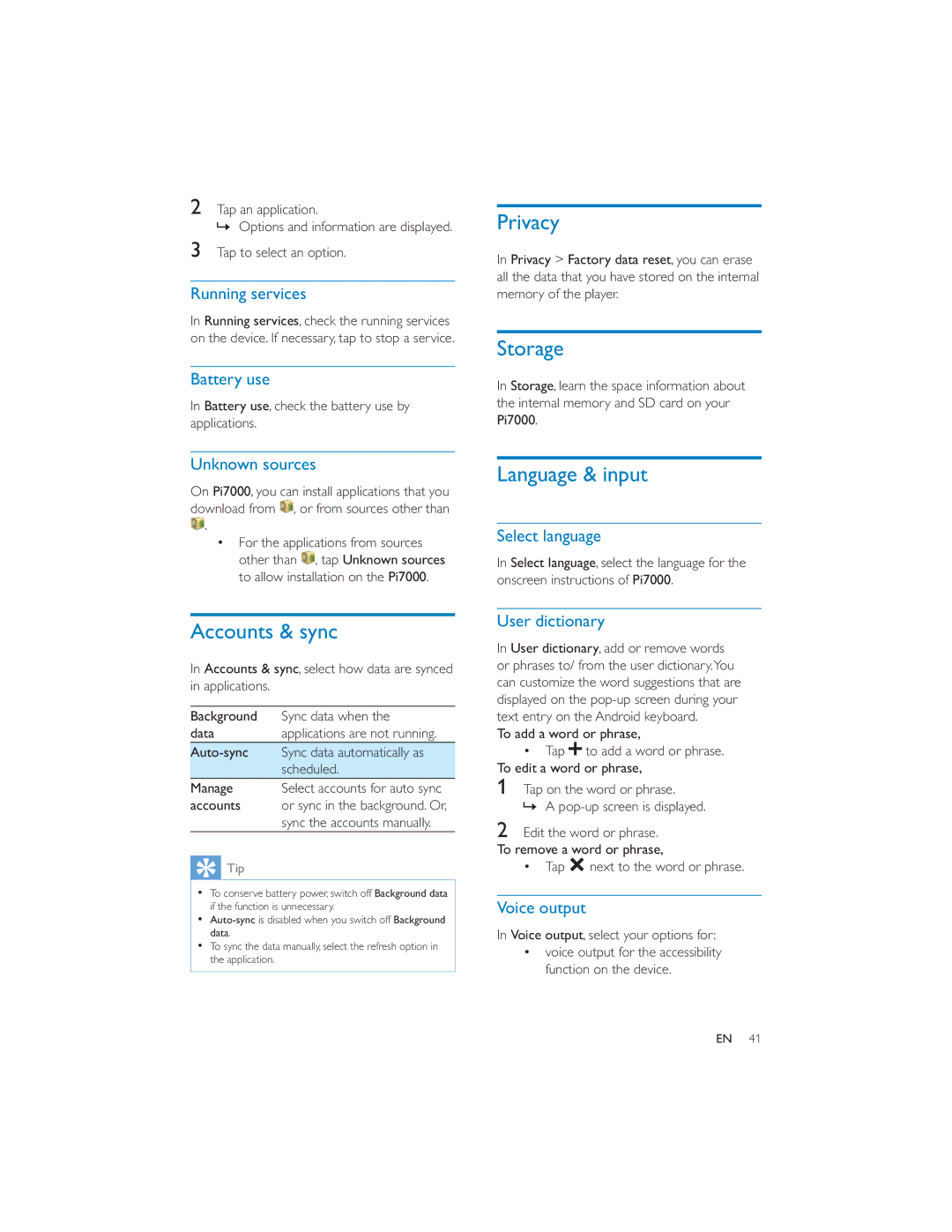 Philips PI7000/93 user manual Privacy, Storage, Language & input, Accounts & sync 