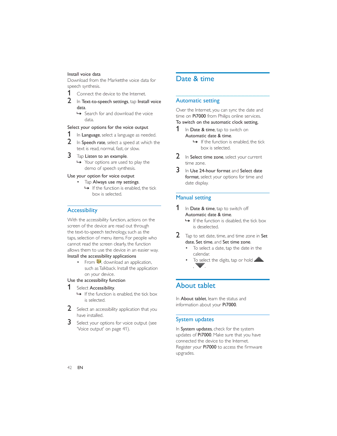 Philips PI7000/93 user manual Date & time, About tablet 