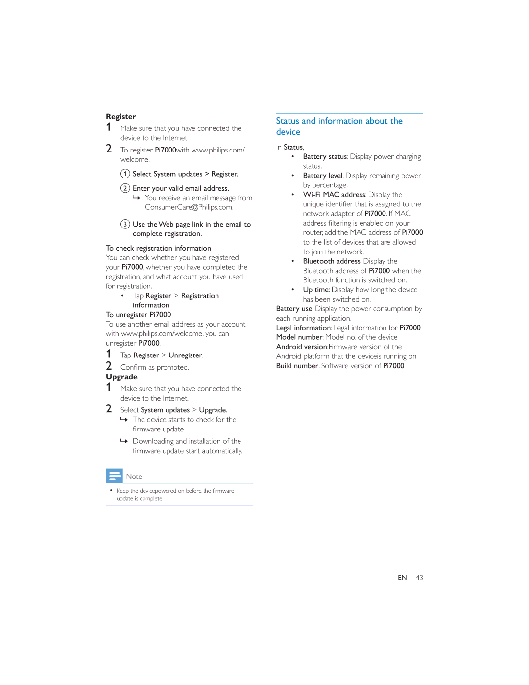 Philips PI7000/93 user manual Status and information about the device, Register, Upgrade 