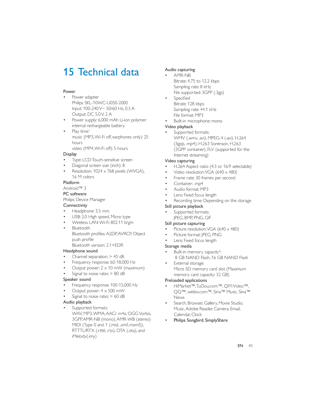 Philips PI7000/93 user manual Technical data, Power Power adapter, Audio capturing, Video capturing 