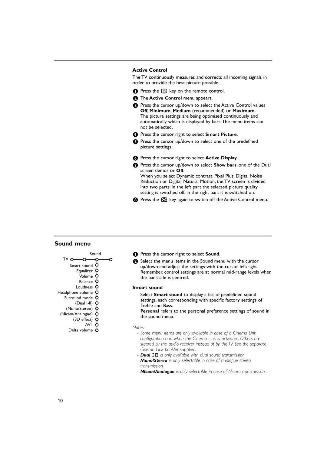 Philips pixel plus manual Sound menu, Active Control, Smart sound 