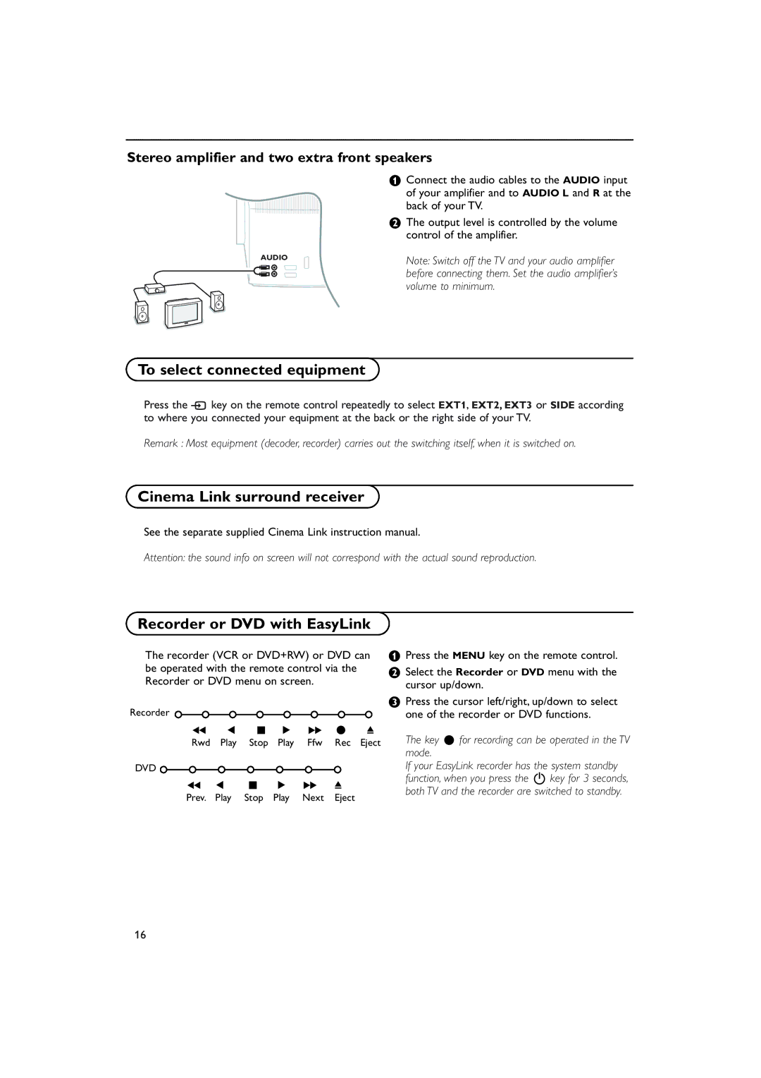 Philips pixel plus manual To select connected equipment, Cinema Link surround receiver Recorder or DVD with EasyLink 