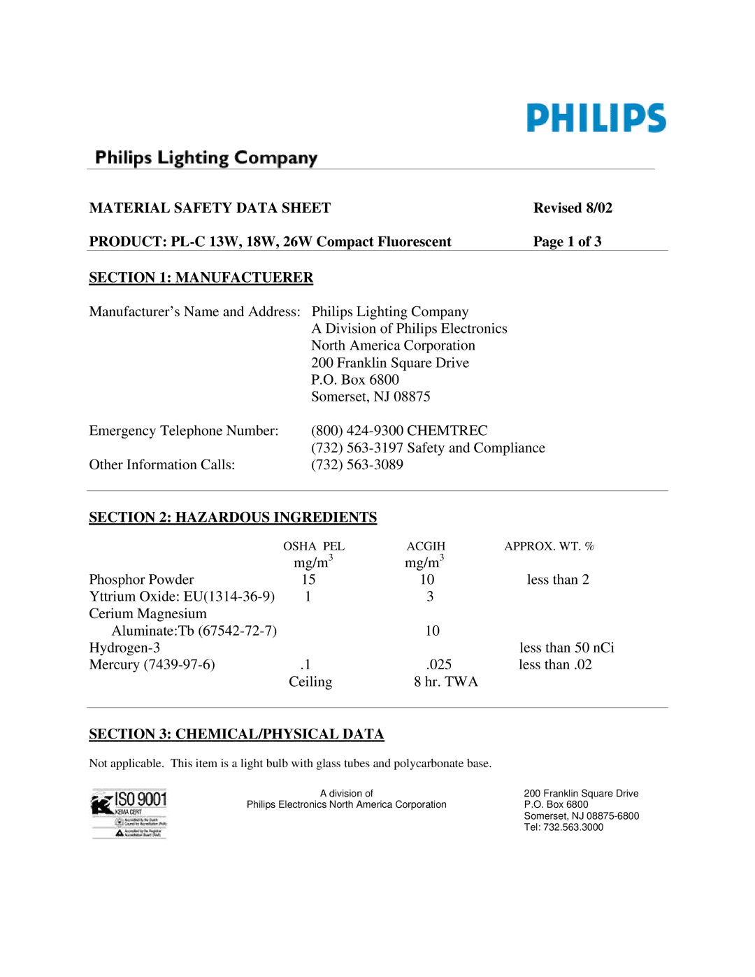 Philips PL-C manual Material Safety Data Sheet, Manufactuerer, Hazardous Ingredients, CHEMICAL/PHYSICAL Data 