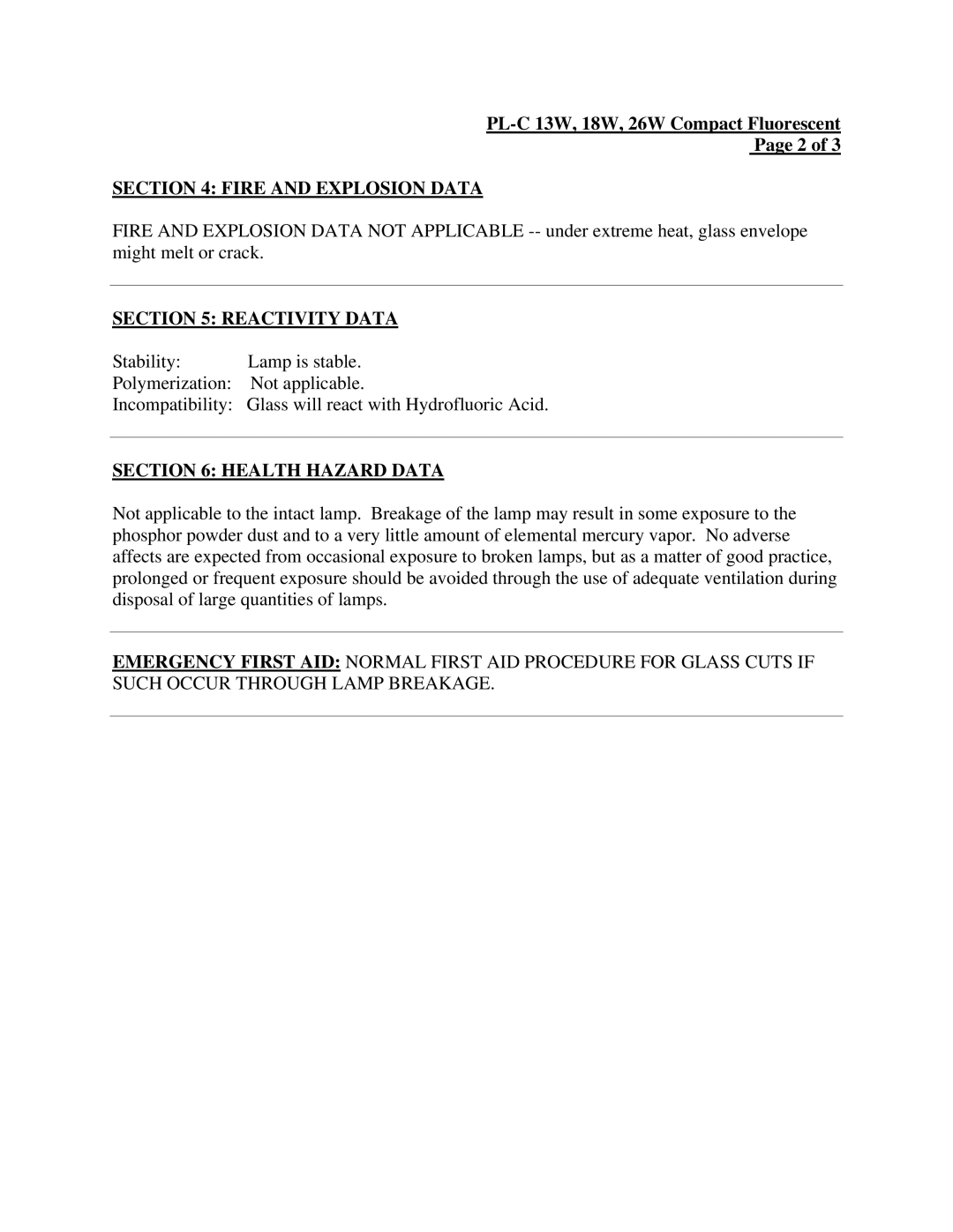 Philips PL-C manual Fire and Explosion Data, Reactivity Data, Health Hazard Data 